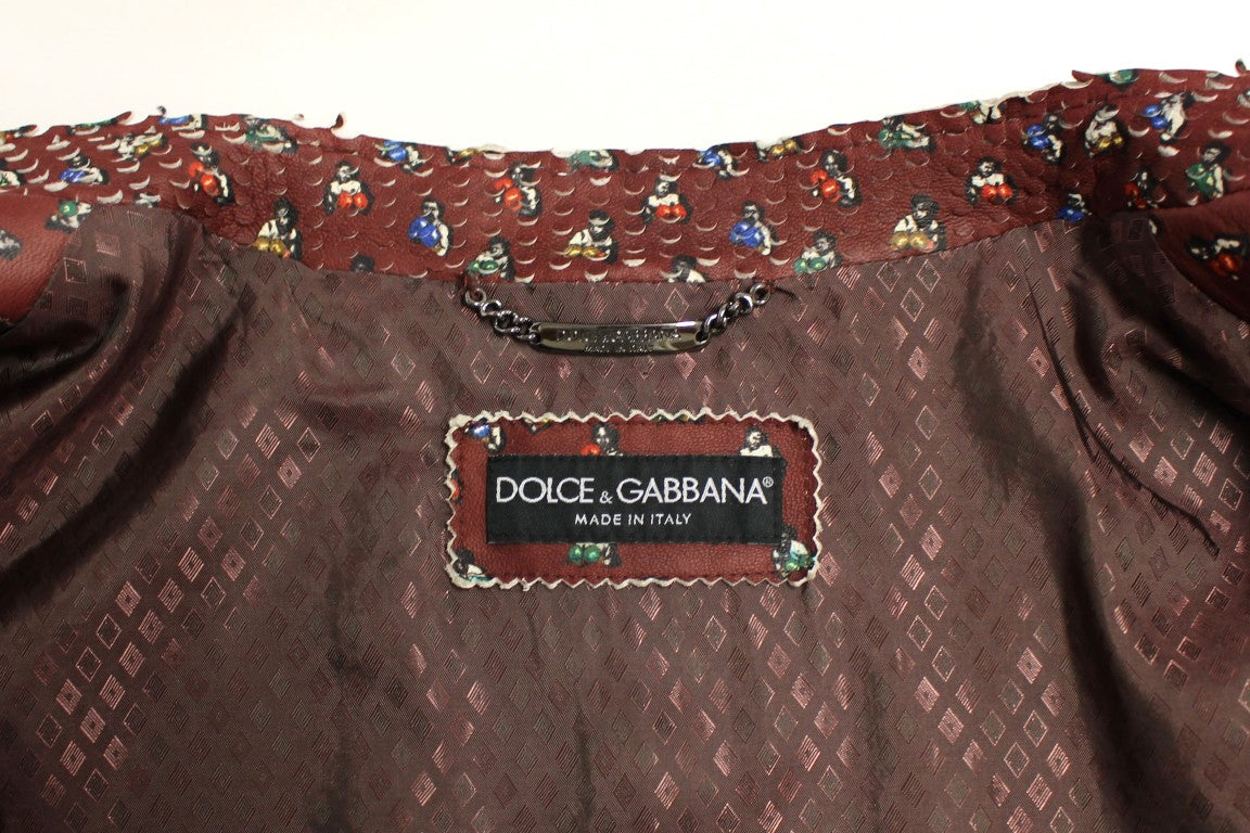 Dolce &amp; Gabbana Bordeaux Leather Boxer Print Jacket Coat