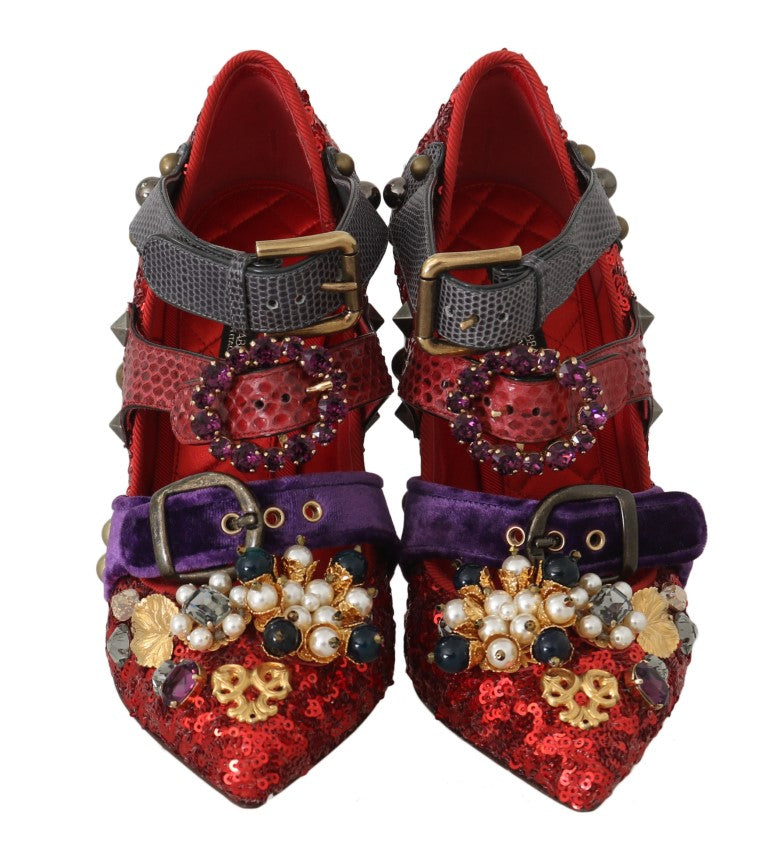 Dolce & Gabbana Rote Pailletten-Kristall-Nieten-Absätze Schuhe