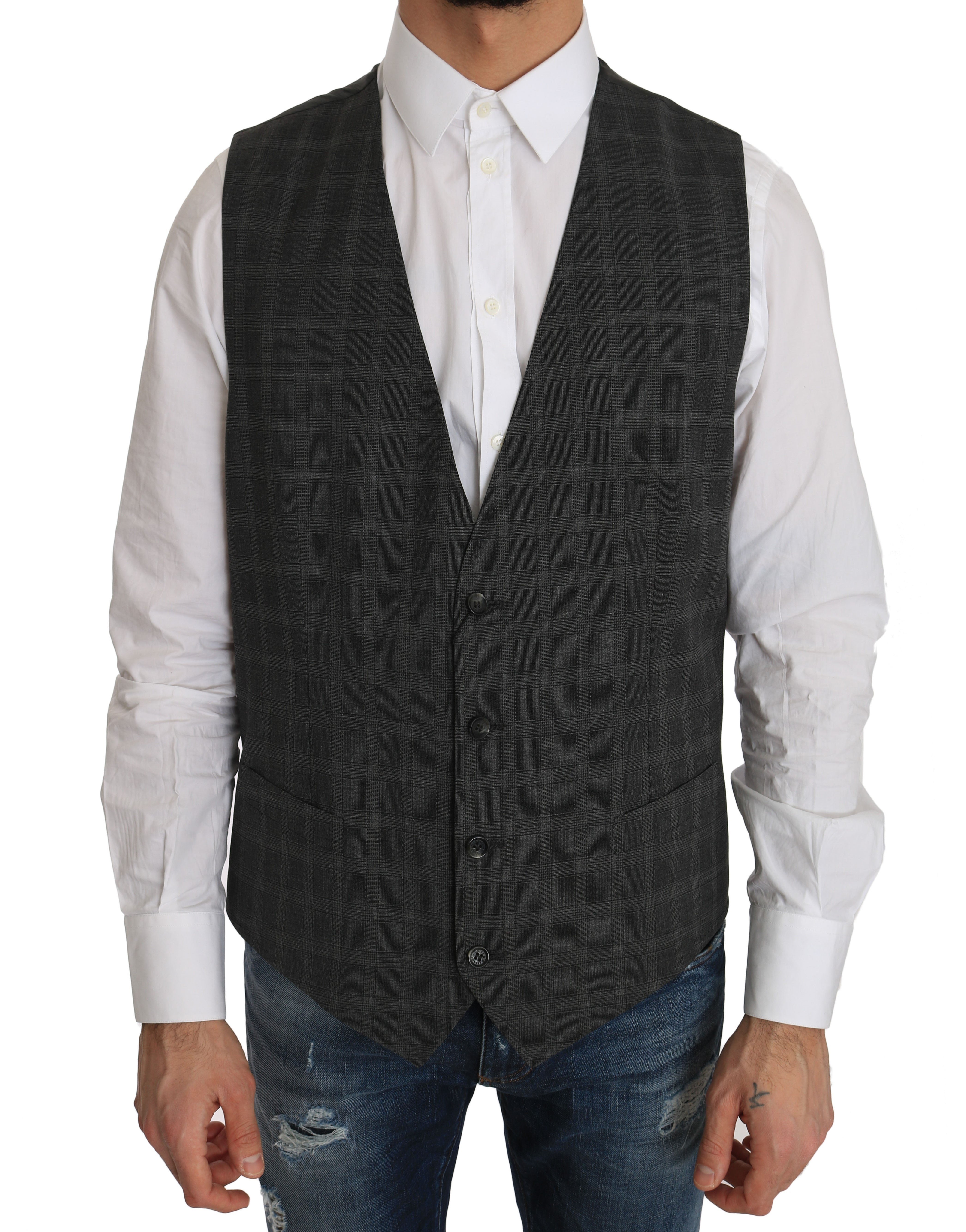 Dolce &amp; Gabbana Grey Wool STAFF Checked Stretch Vest
