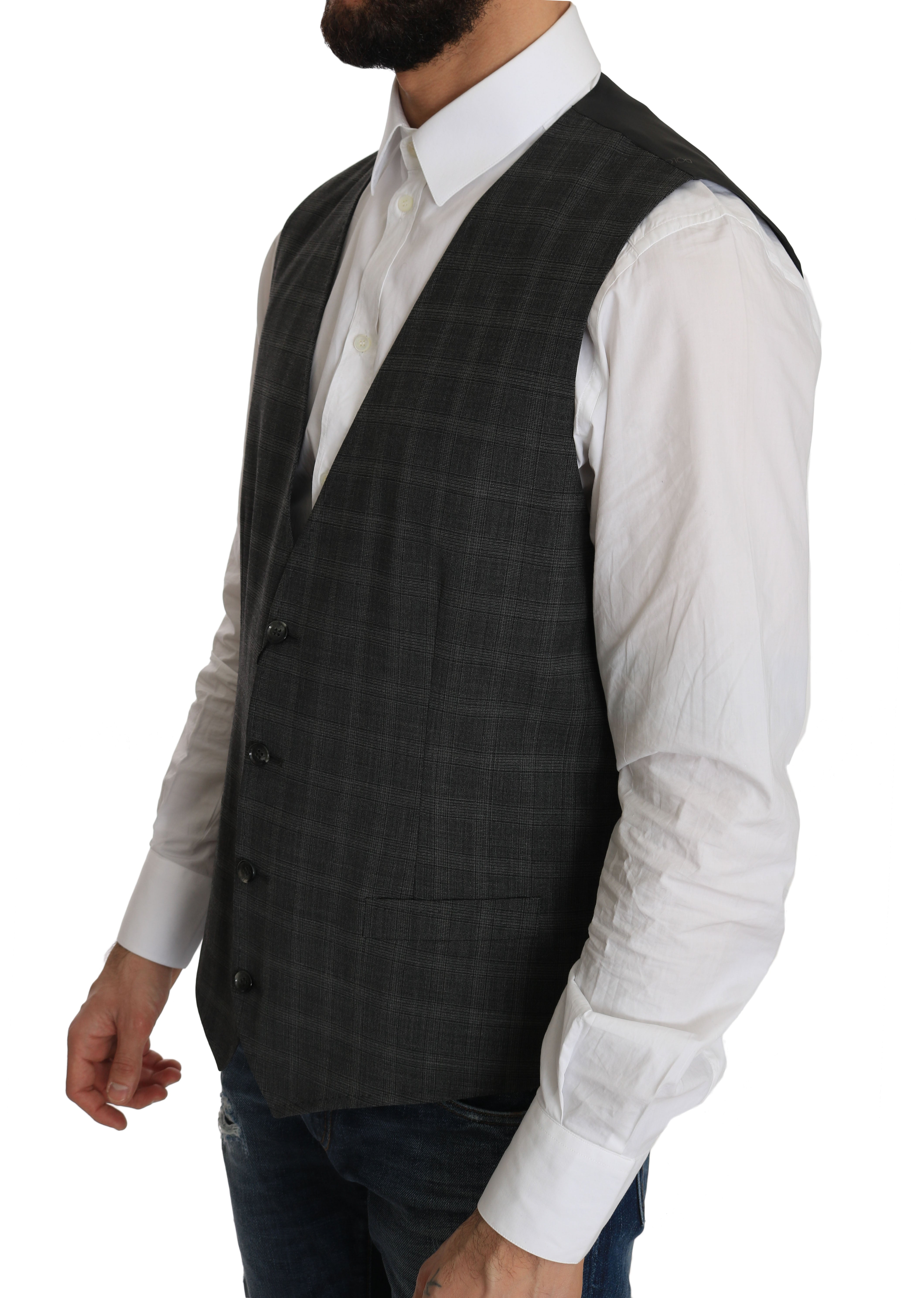Dolce &amp; Gabbana Grey Wool STAFF Checked Stretch Vest
