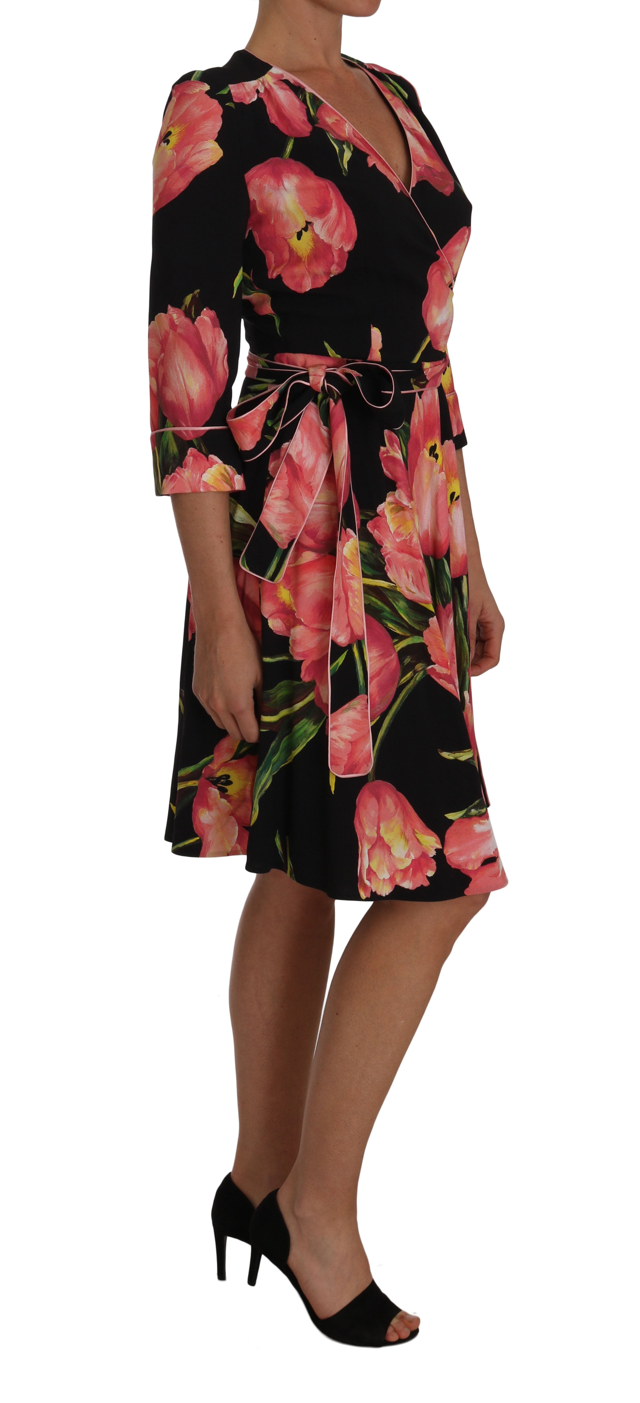 Dolce &amp; Gabbana black and pink tulip print stretch shift dress