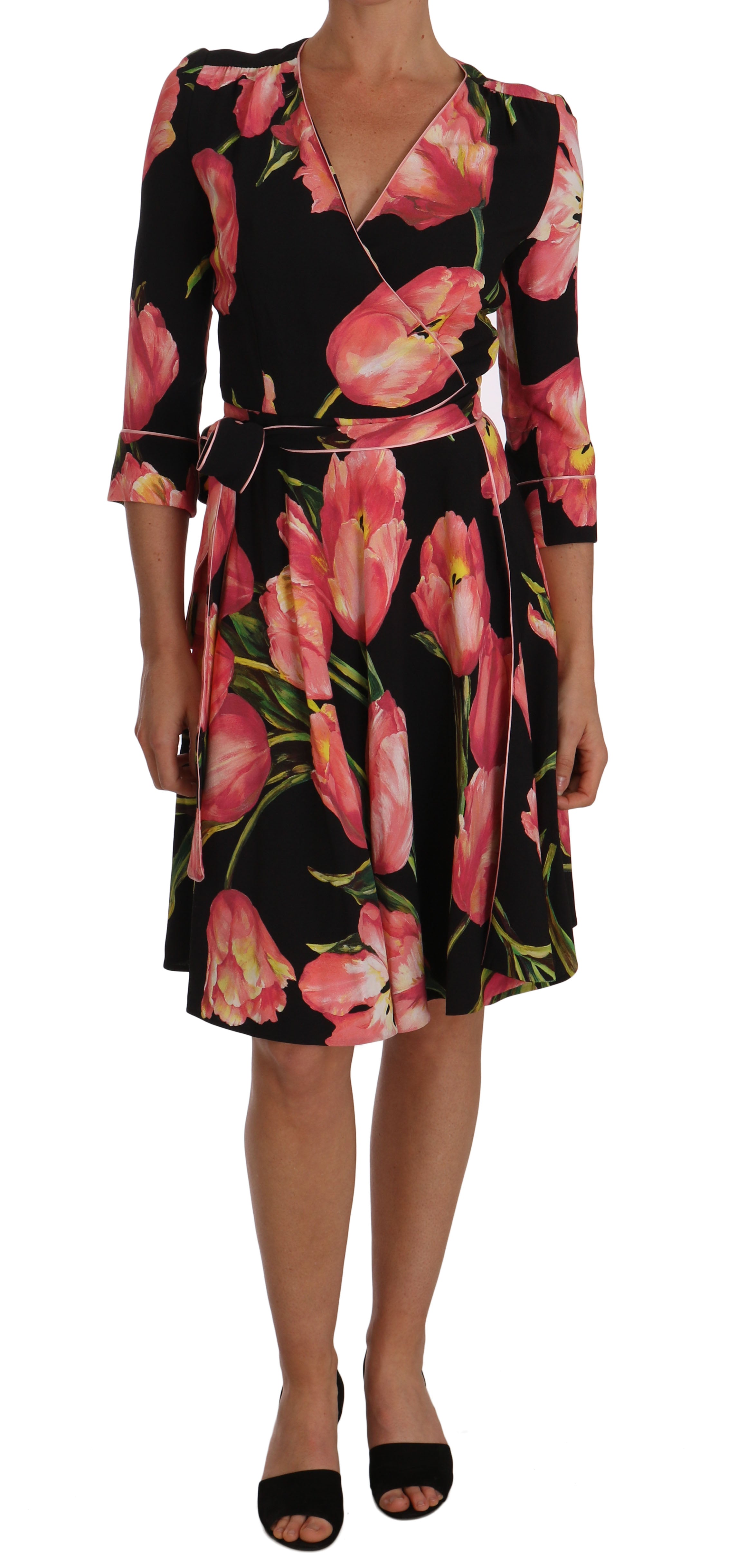 Dolce &amp; Gabbana black and pink tulip print stretch shift dress