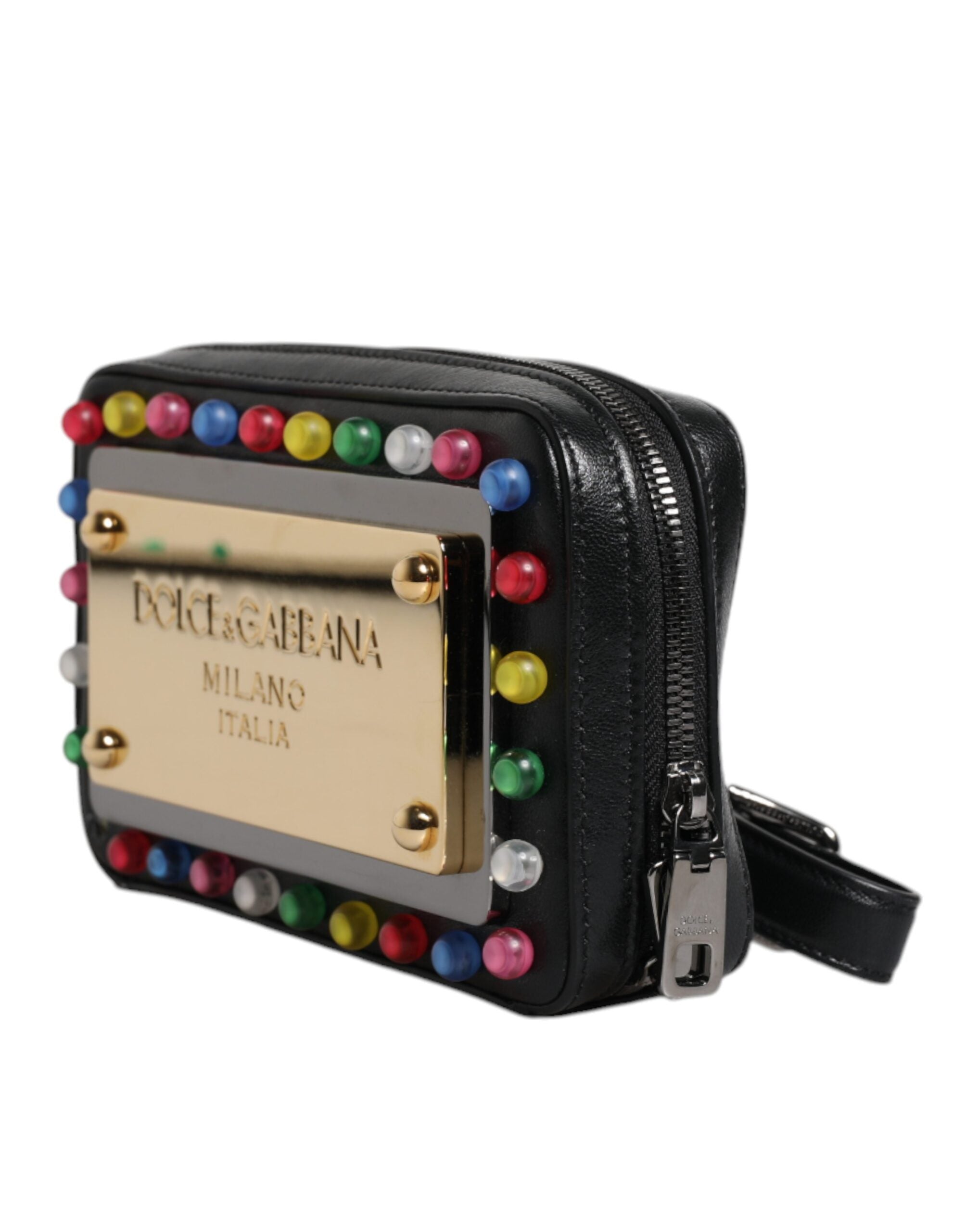 Dolce & Gabbana Schwarze Leder LED Logo Handgelenkriemen Clutch Tasche