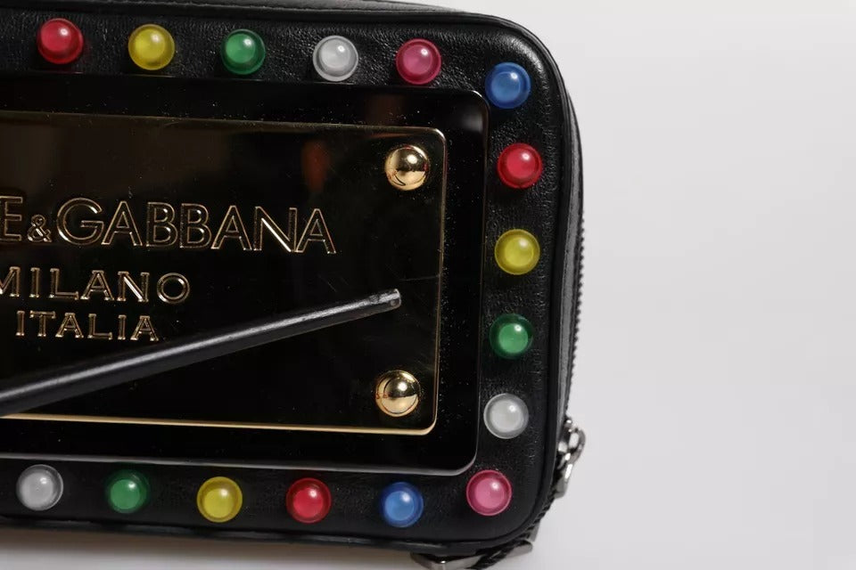 Dolce & Gabbana Schwarze Leder LED Logo Handgelenkriemen Clutch Tasche