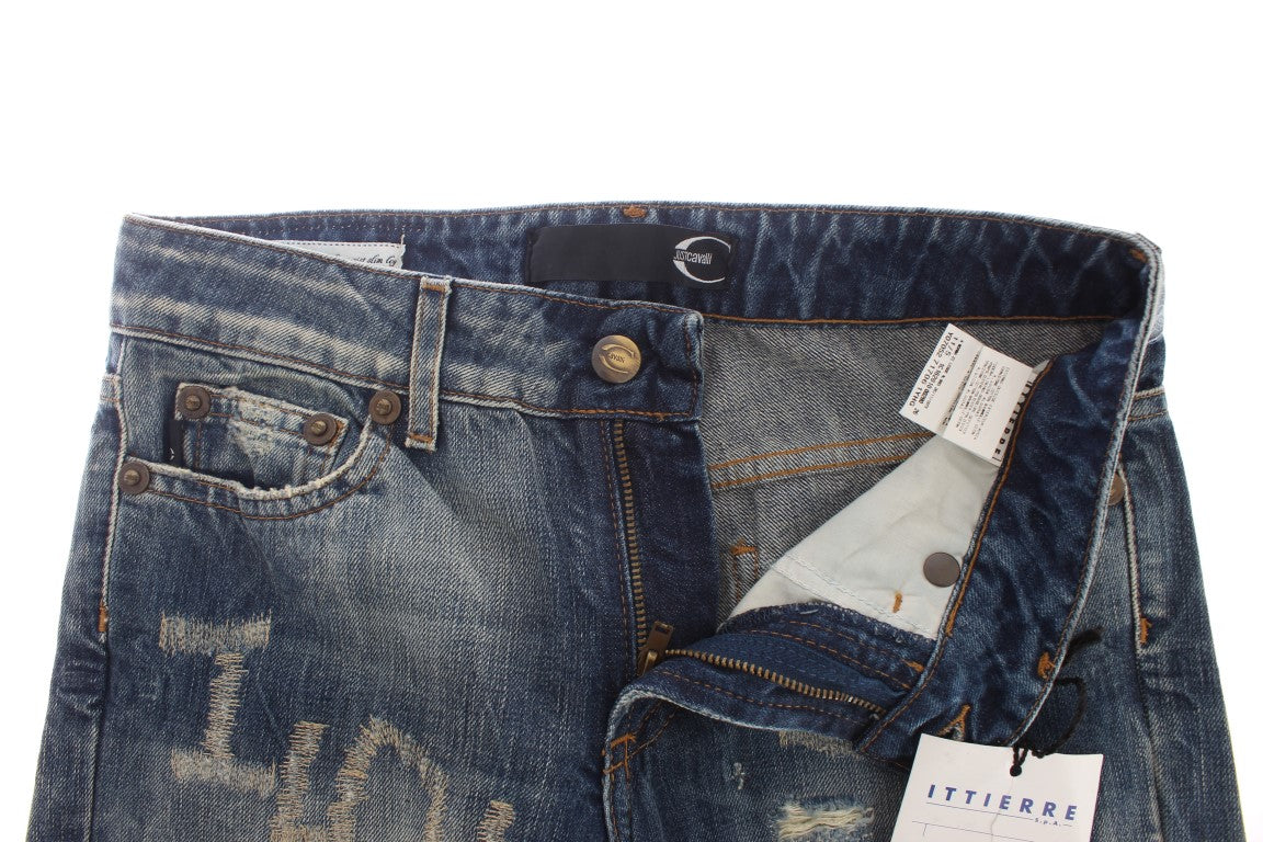 Cavalli Blaue Waschung Zerrissene Baumwolle Straight Fit Jeans