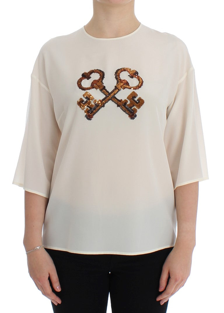 Dolce &amp; Gabbana White Sequin Key Silk Blouse T-shirt Top
