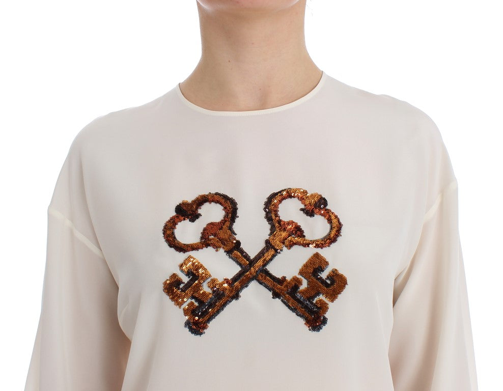 Dolce &amp; Gabbana White Sequin Key Silk Blouse T-shirt Top