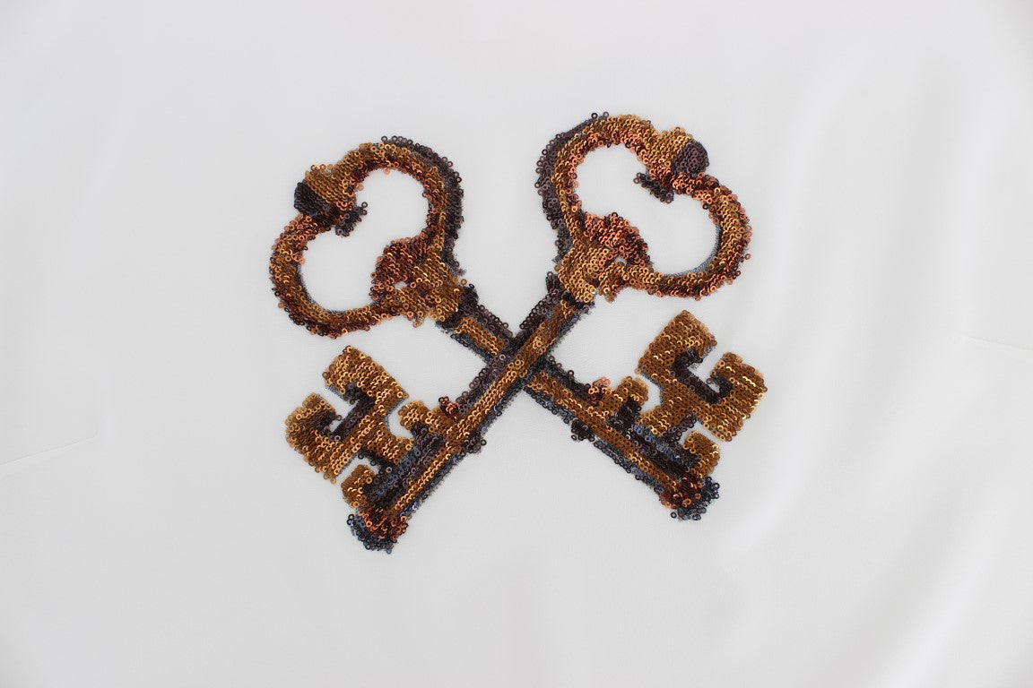 Dolce &amp; Gabbana White Sequin Key Silk Blouse T-shirt Top