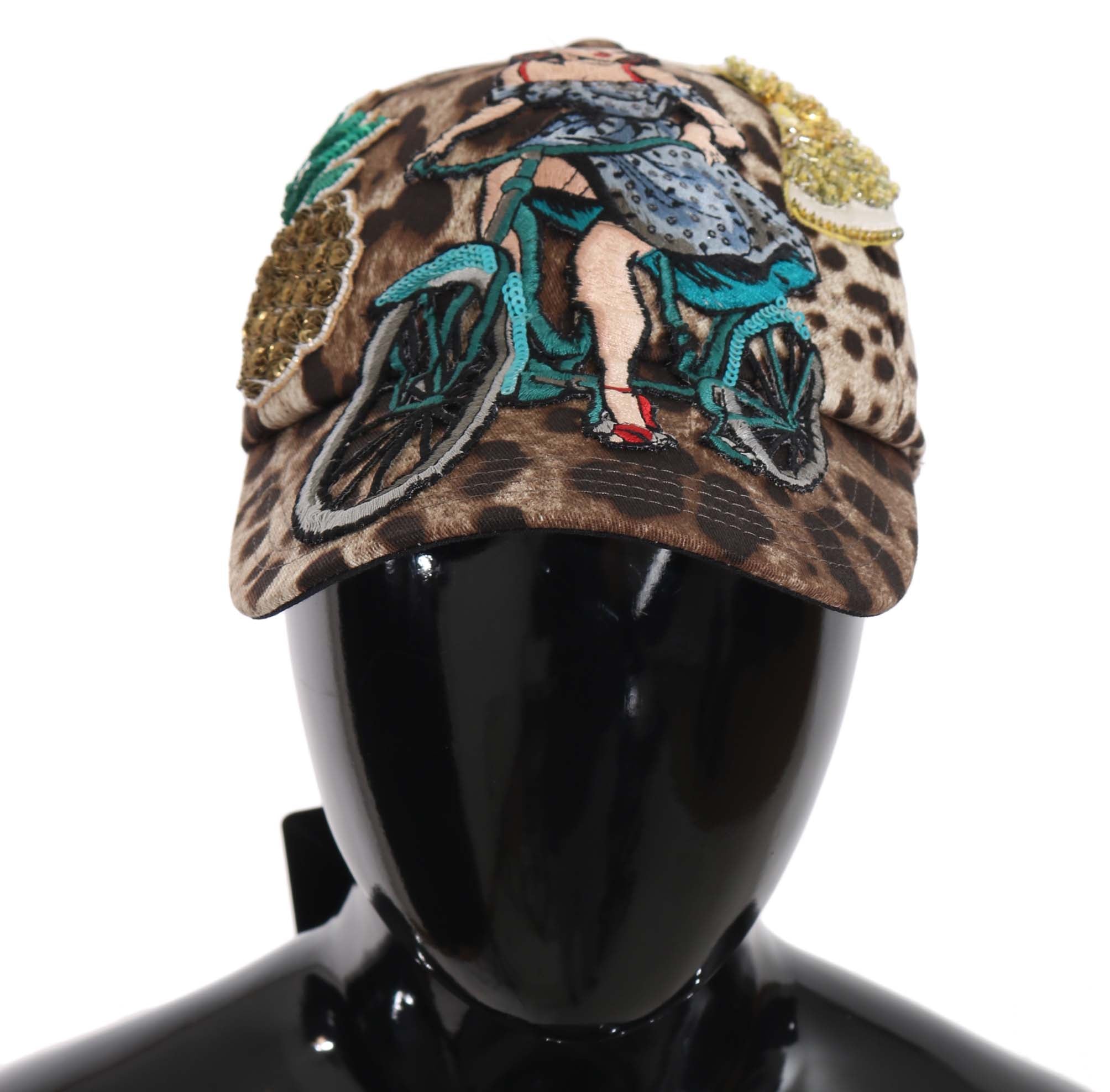 Dolce &amp; Gabbana Brown Leopard Sequin Sicily Applique Baseball Cap