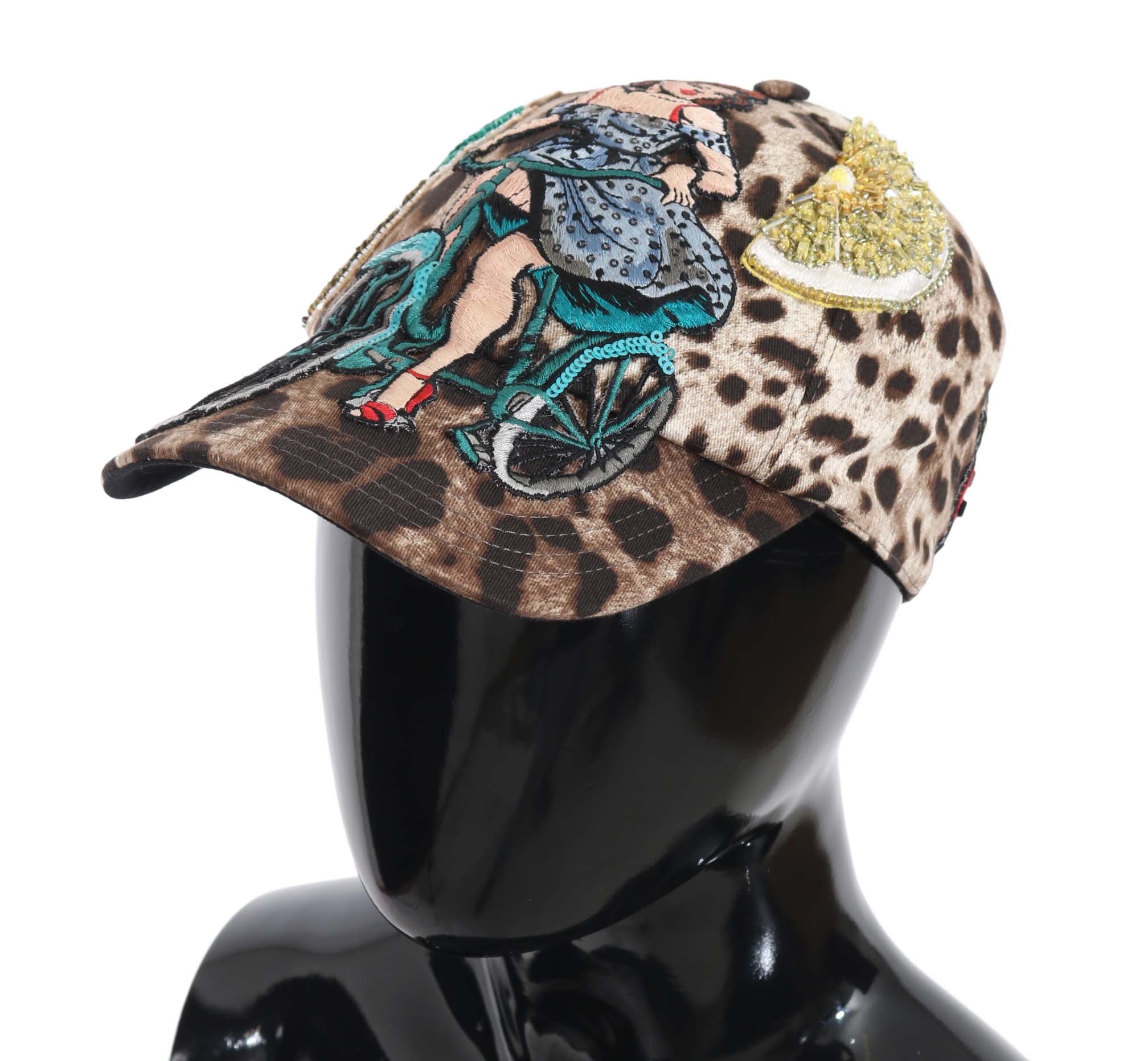 Dolce &amp; Gabbana Brown Leopard Sequin Sicily Applique Baseball Cap
