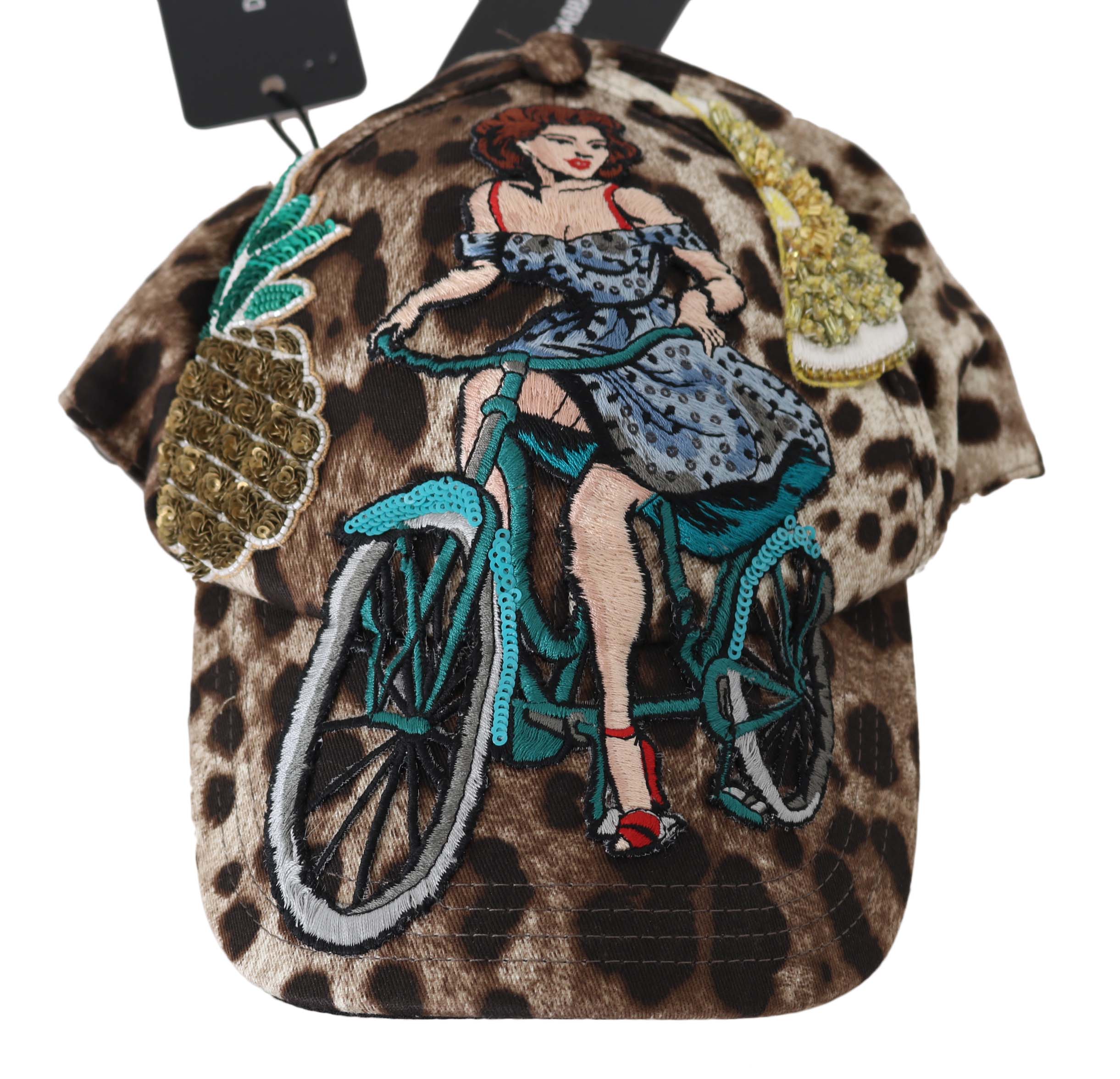 Dolce &amp; Gabbana Brown Leopard Sequin Sicily Applique Baseball Cap
