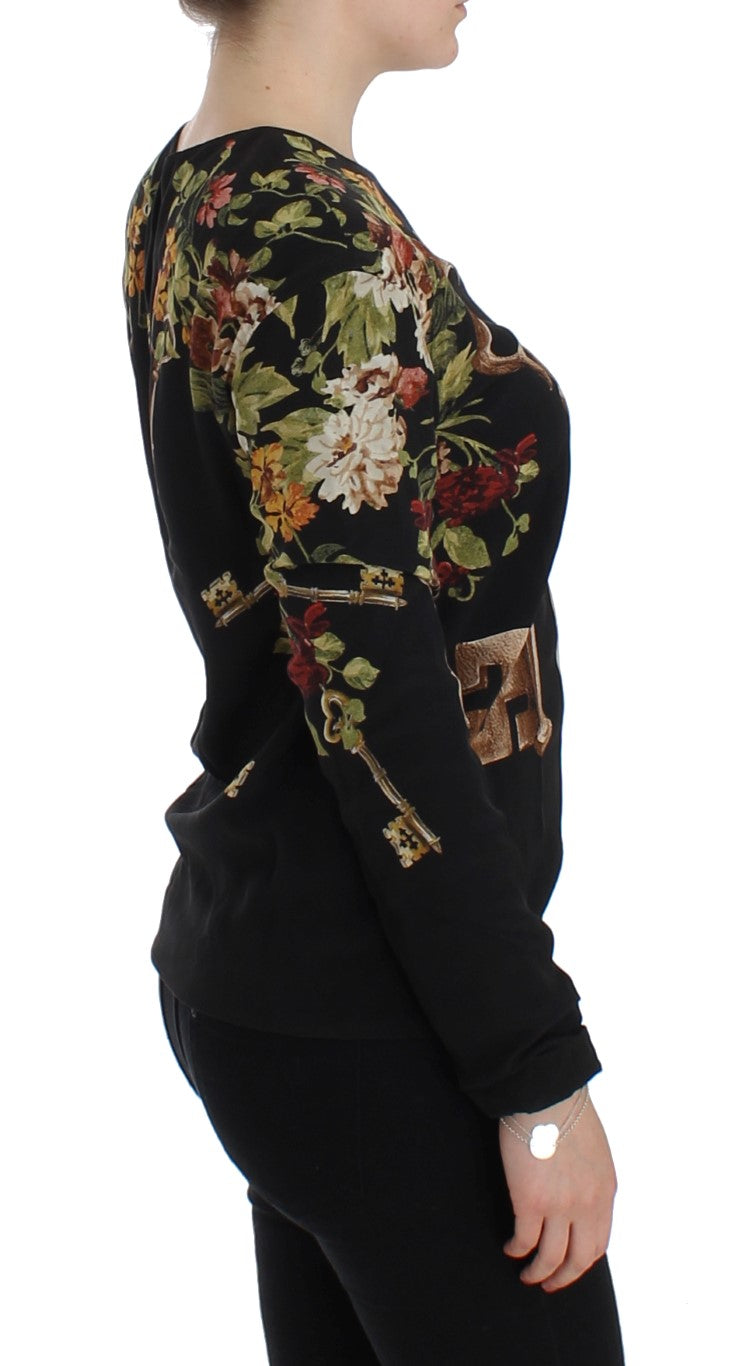 Dolce &amp; Gabbana black silk blouse top with floral print