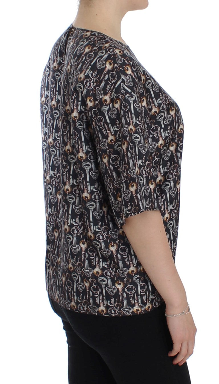 Dolce &amp; Gabbana altın anahtar baskılı gri ipek bluz tişört