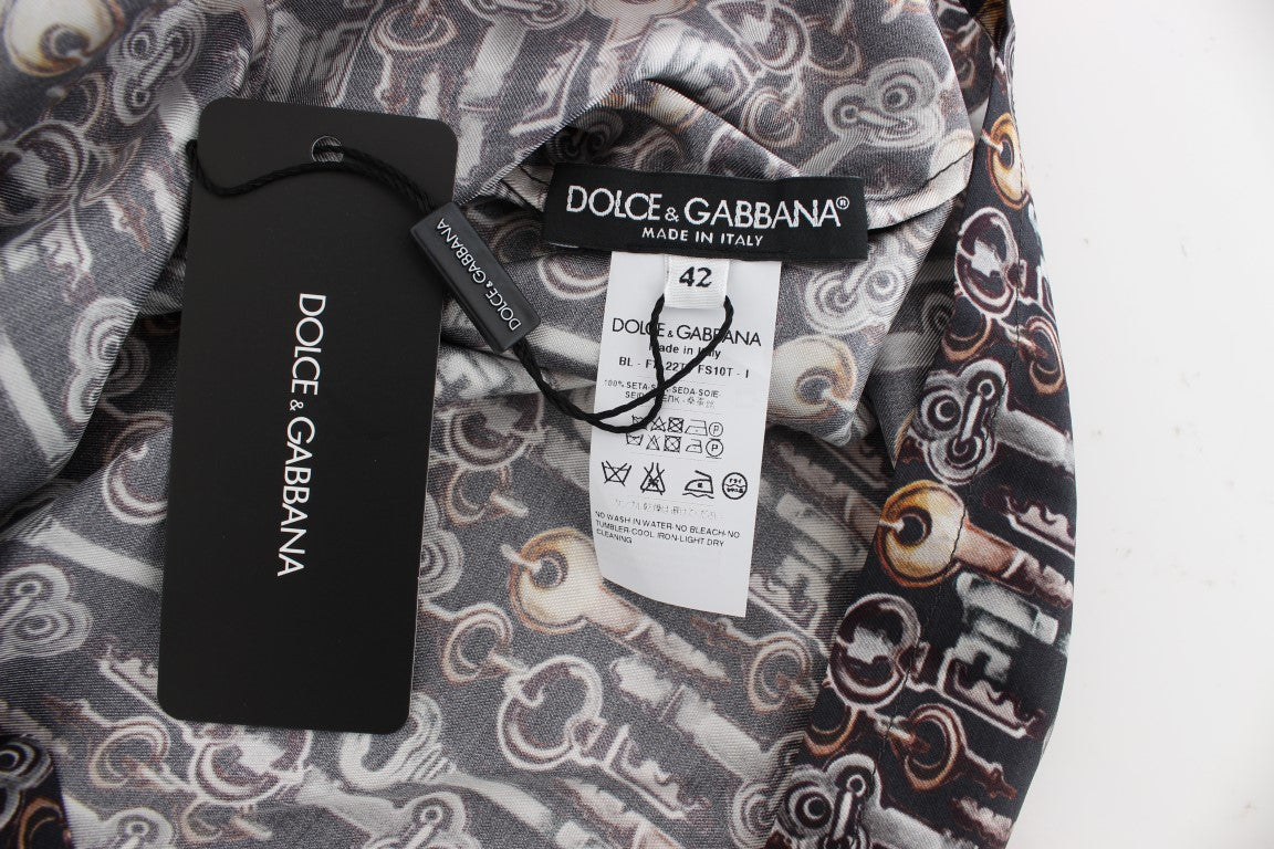 Dolce &amp; Gabbana altın anahtar baskılı gri ipek bluz tişört