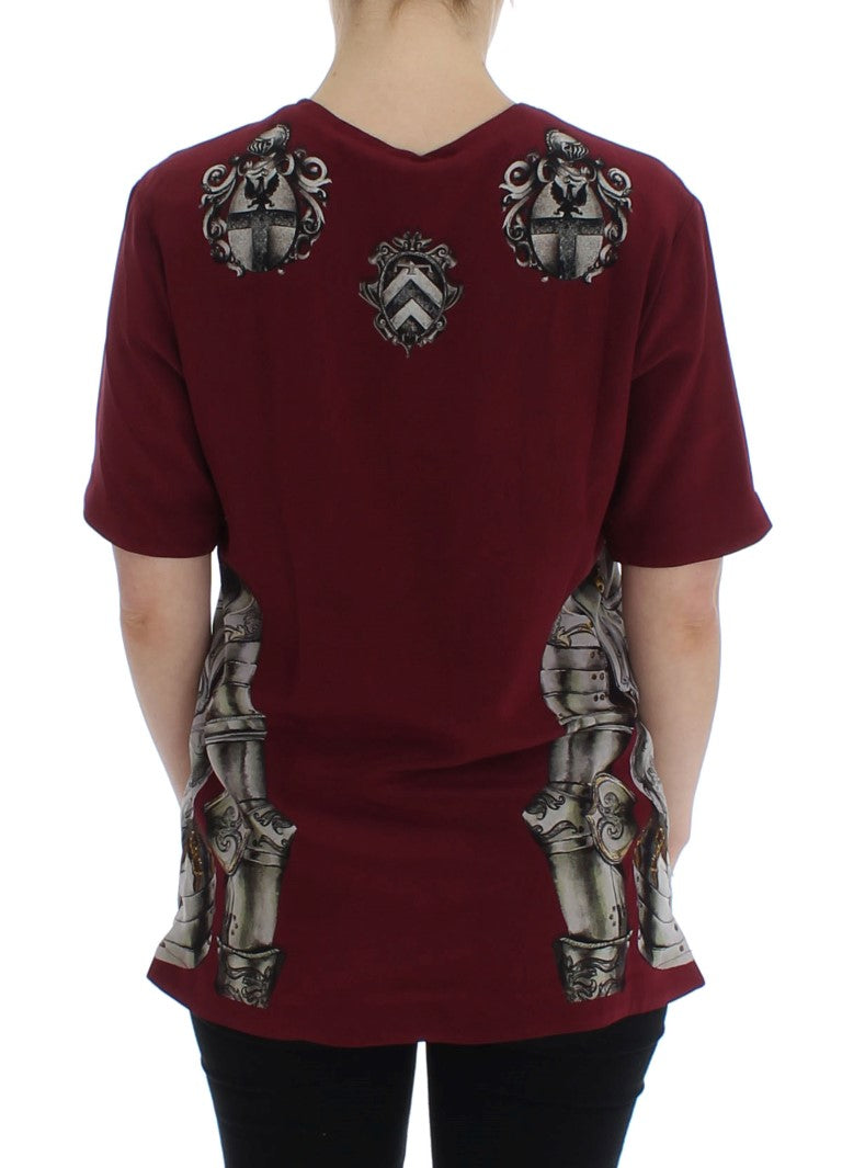 Dolce &amp; Gabbana Red Knight Print Silk Blouse T-Shirt