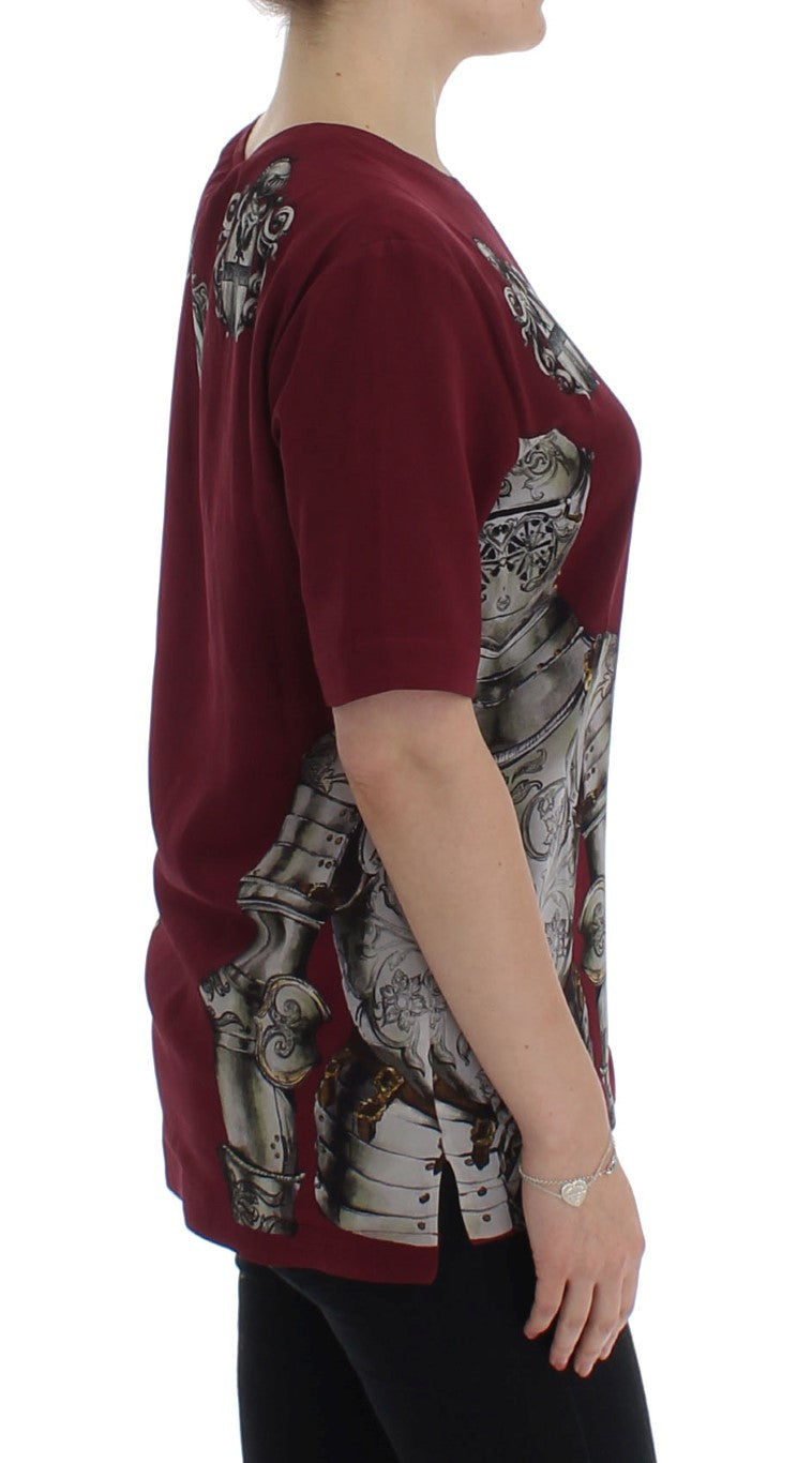 Dolce &amp; Gabbana Red Knight Print Silk Blouse T-Shirt