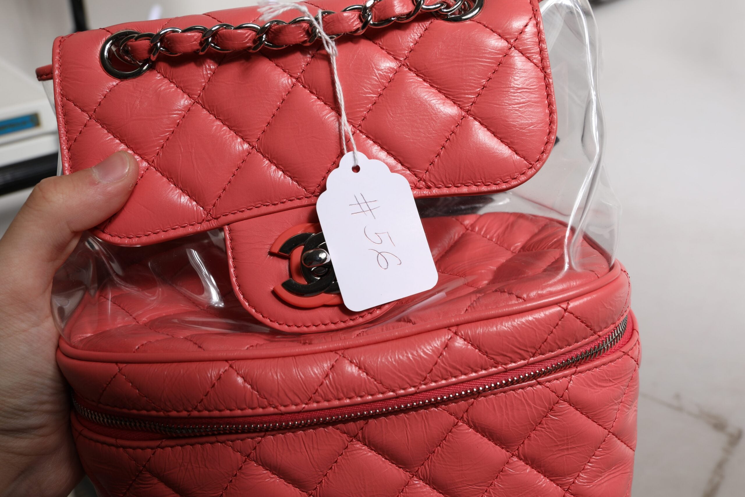 Chanel Rosa Vinyl Leder Rucksack Geldbeutel Tasche