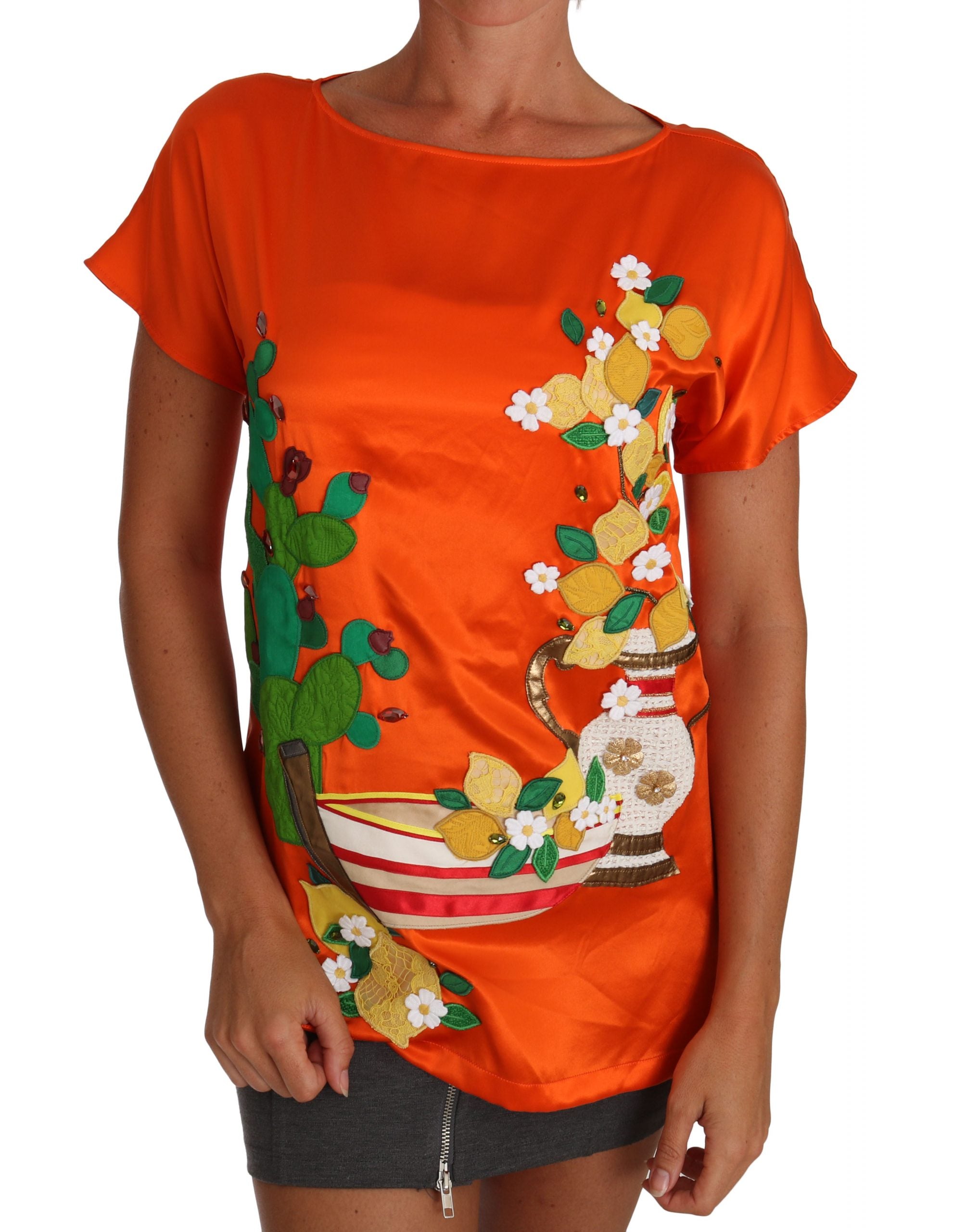 Dolce &amp; Gabbana Silk Orange Lemon Crystal T-Shirt Top