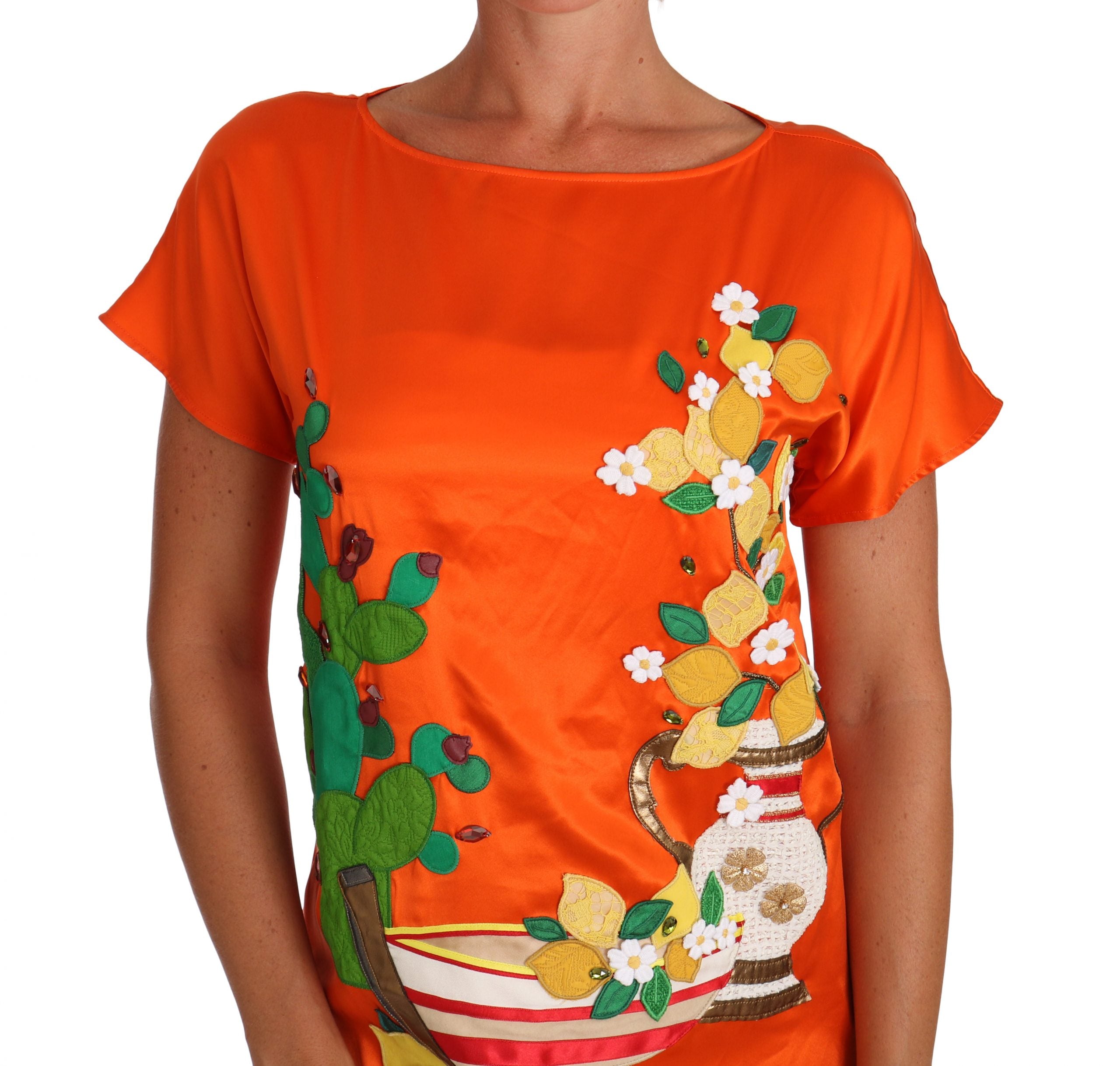 Dolce &amp; Gabbana Silk Orange Lemon Crystal T-Shirt Top