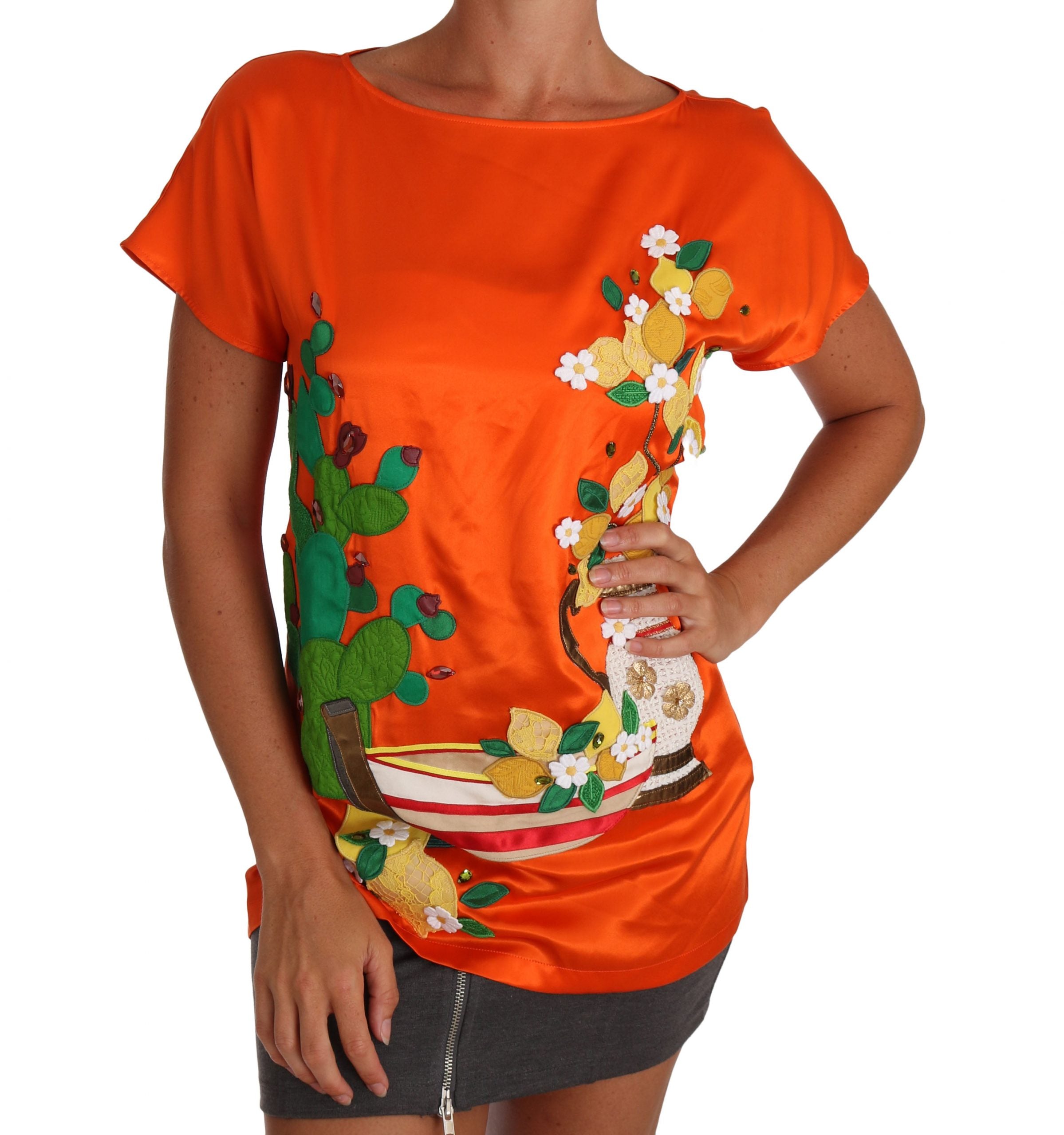 Dolce &amp; Gabbana Silk Orange Lemon Crystal T-Shirt Top