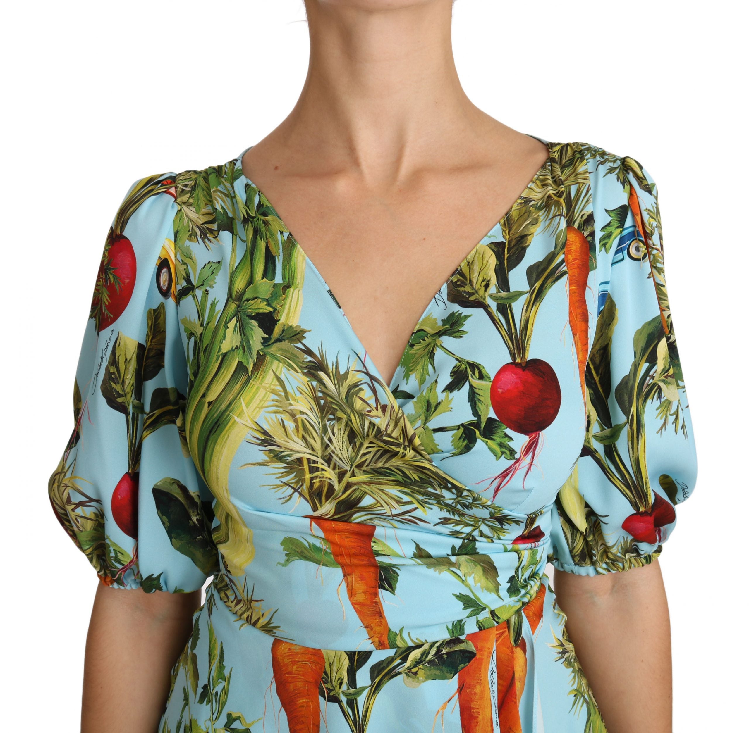 Dolce &amp; Gabbana Multicolored silk top with vegetable print Peplum wrap blouse
