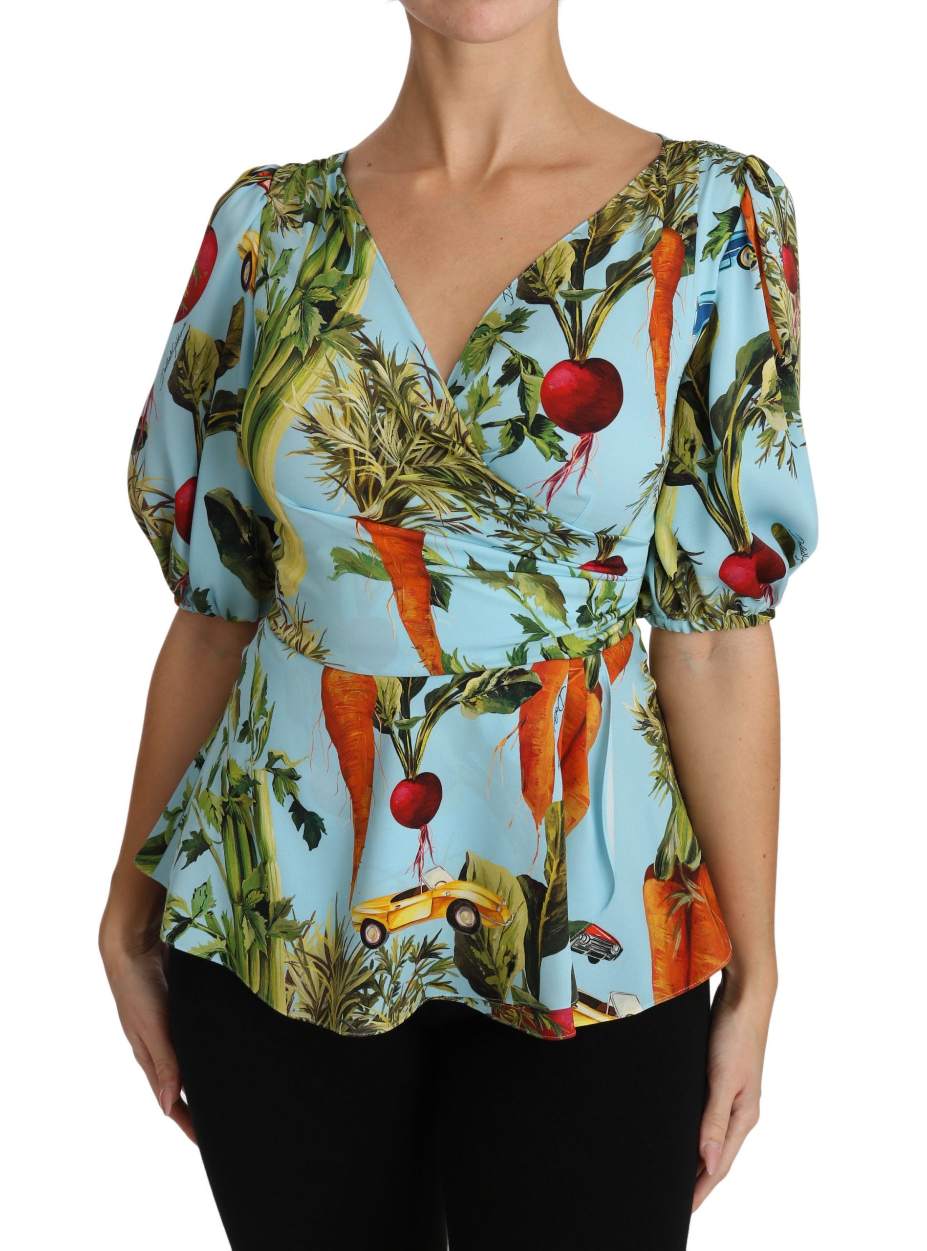 Dolce &amp; Gabbana Multicolored silk top with vegetable print Peplum wrap blouse