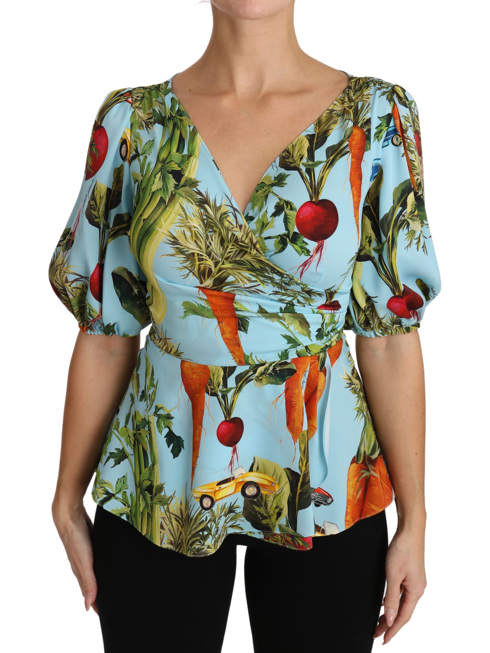 Dolce &amp; Gabbana Multicolored silk top with vegetable print Peplum wrap blouse
