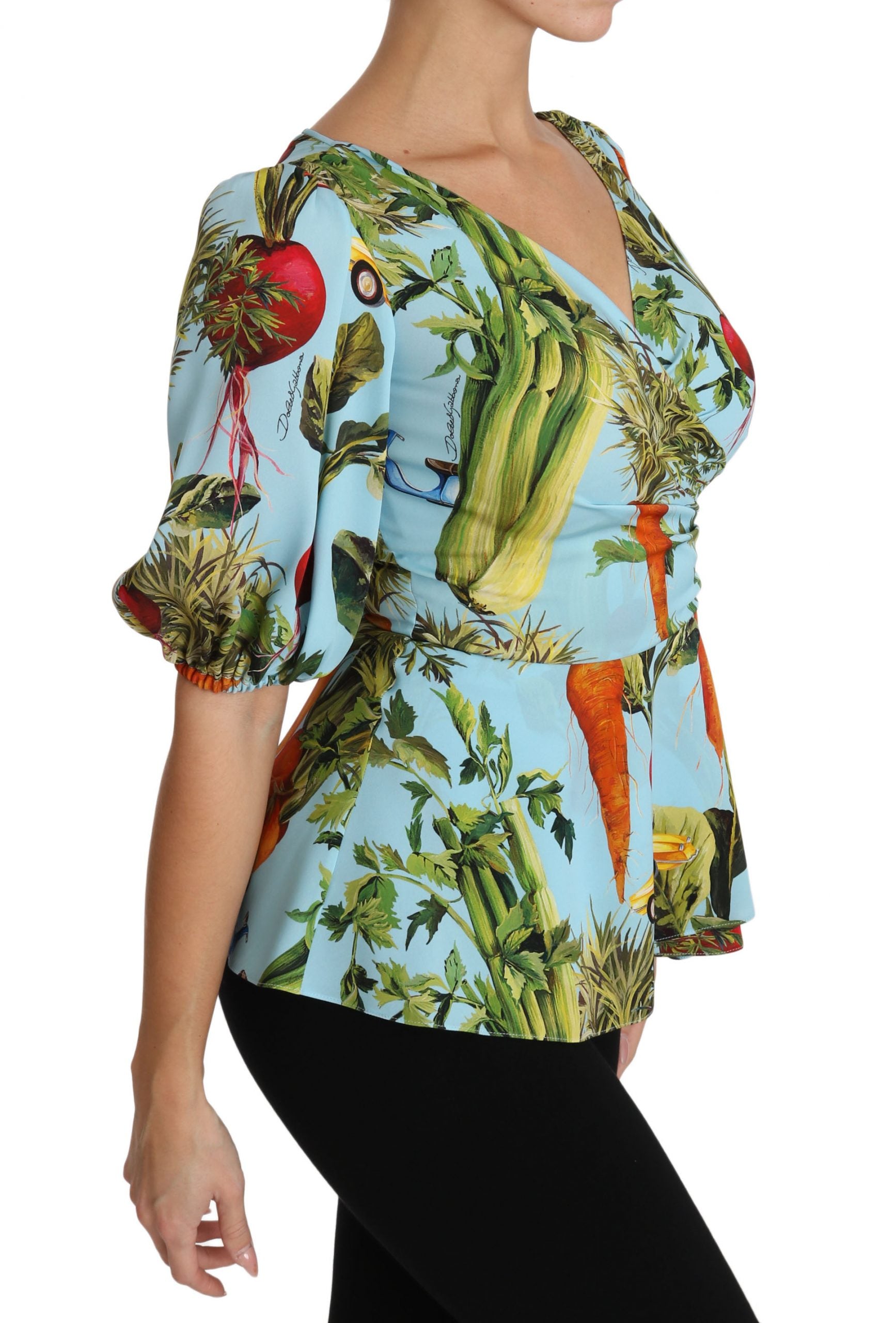 Dolce &amp; Gabbana Multicolored silk top with vegetable print Peplum wrap blouse