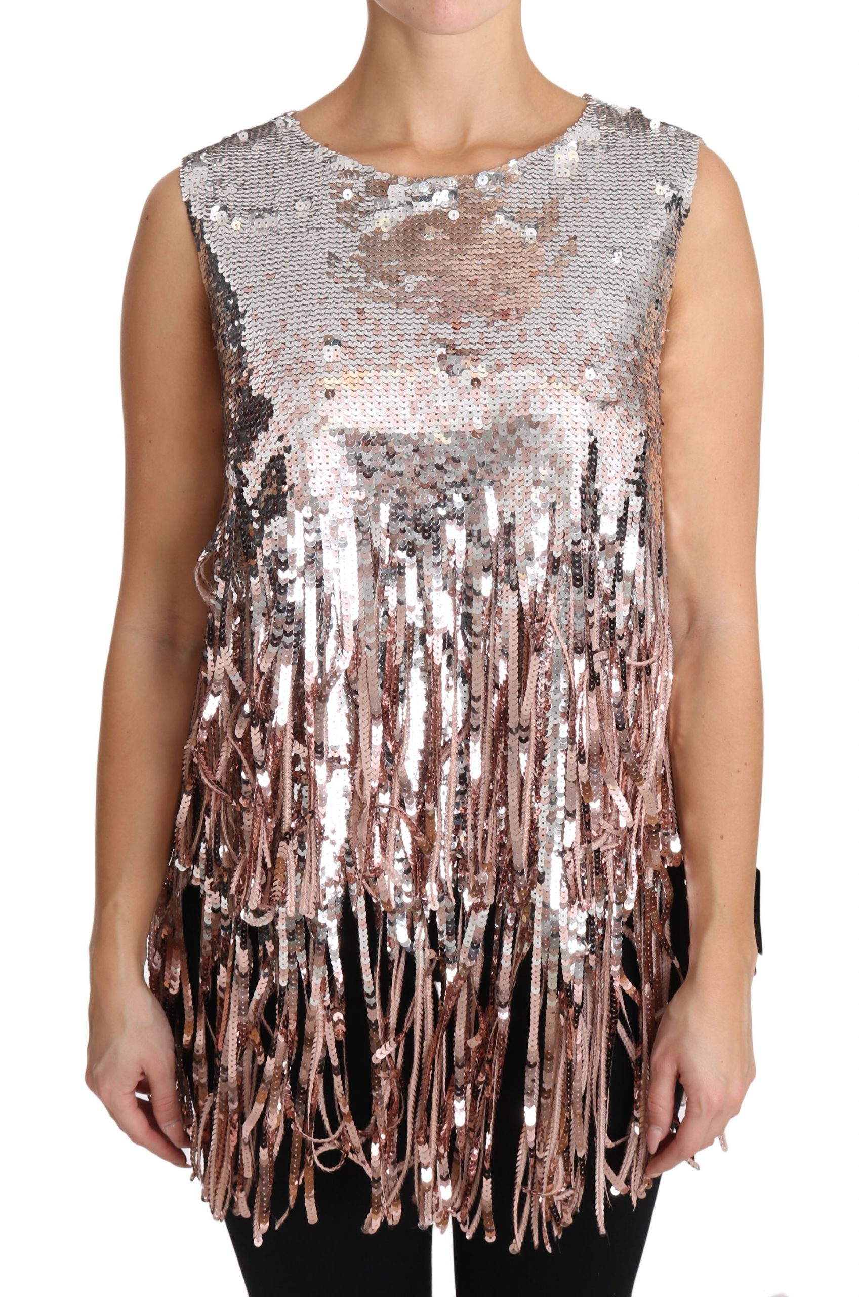 Dolce &amp; Gabbana Golden Pink Sequin Fringe Tank Top