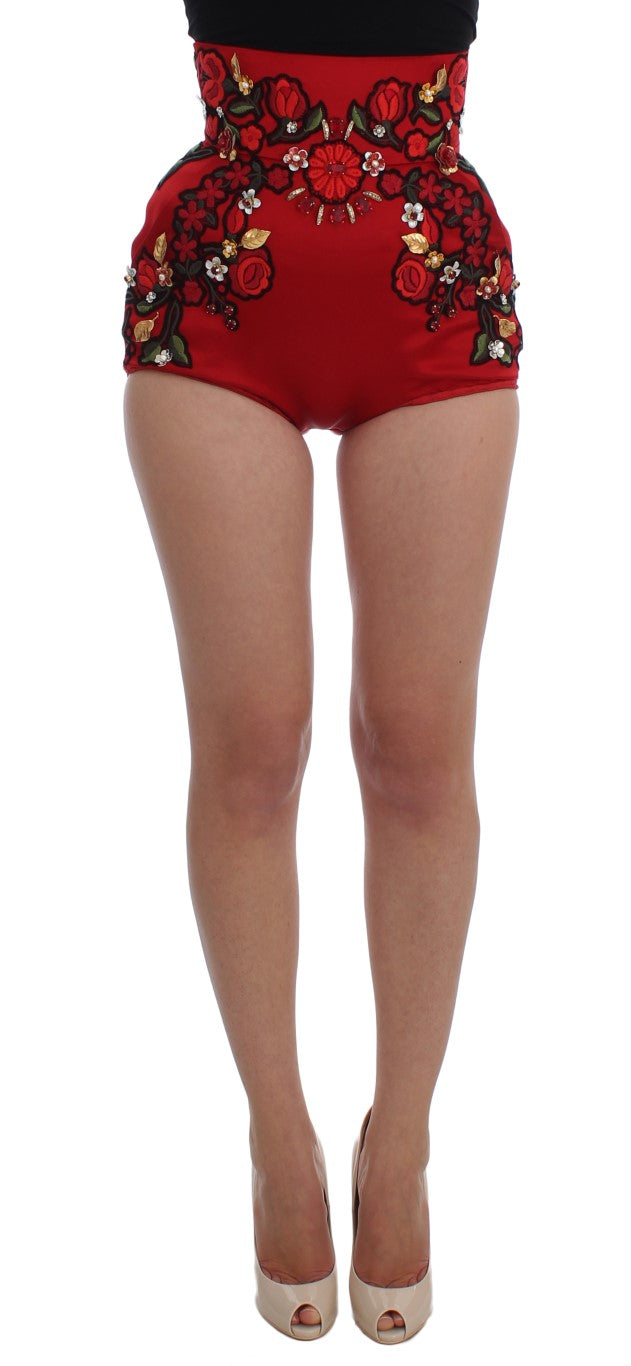 Dolce &amp; Gabbana Red Silk Crystal Rose Shorts 