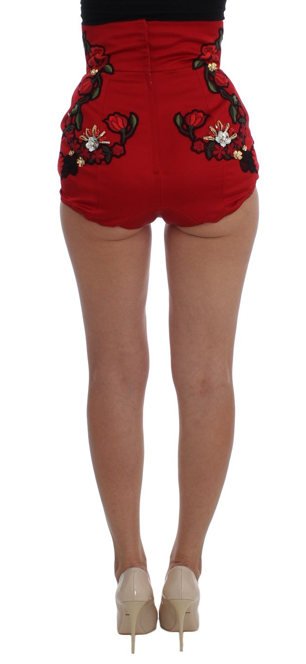 Dolce &amp; Gabbana Red Silk Crystal Rose Shorts 