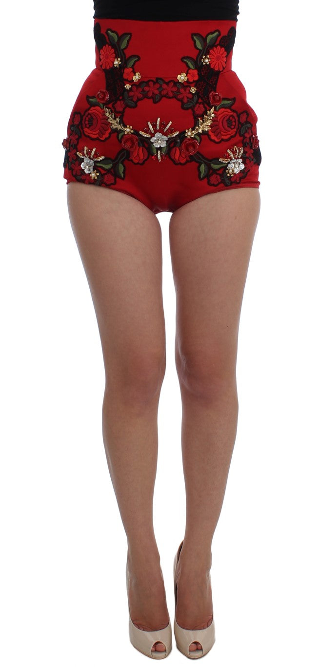 Dolce &amp; Gabbana Red Silk Crystal Rose Shorts 
