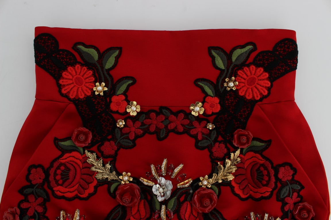 Dolce & Gabbana Rote Seidenkristallrosen Shorts