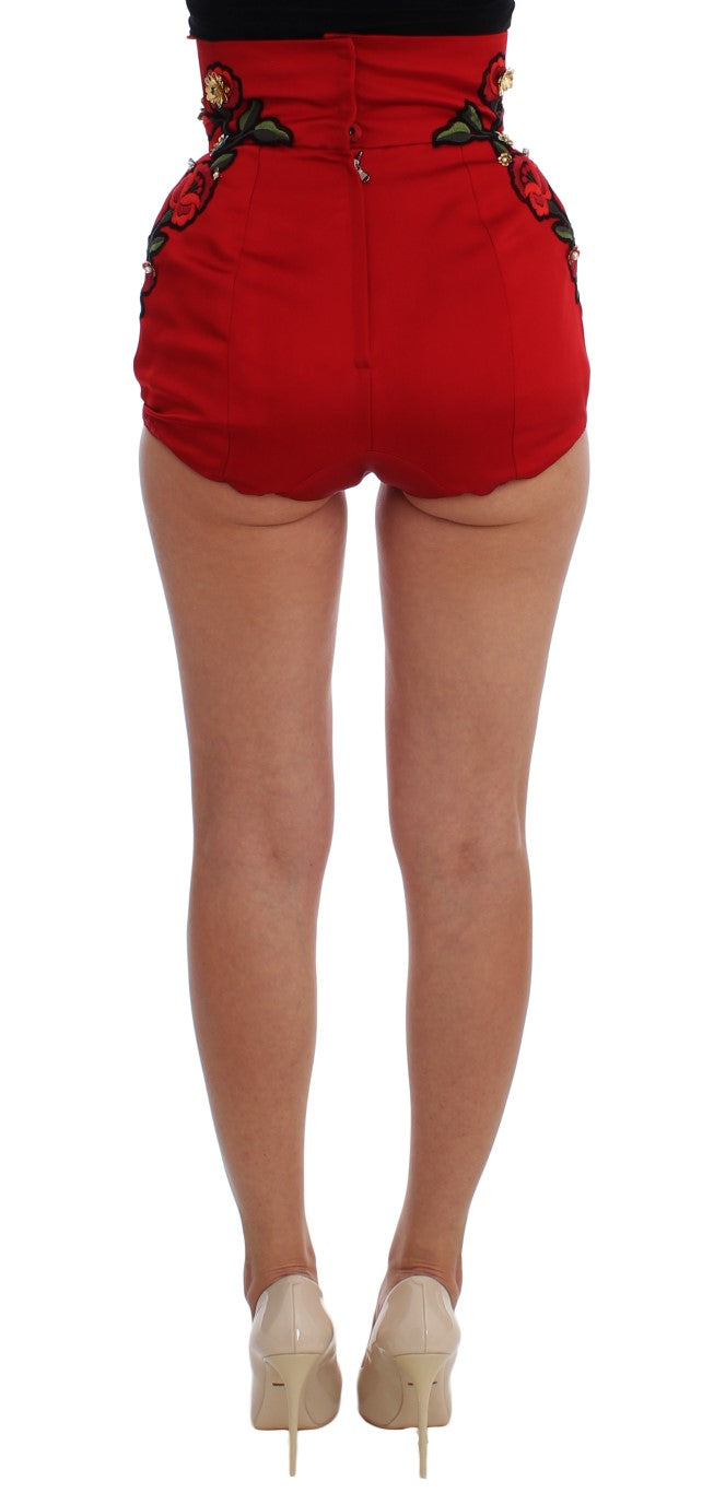 Dolce &amp; Gabbana Red Silk Crystal Rose Shorts 