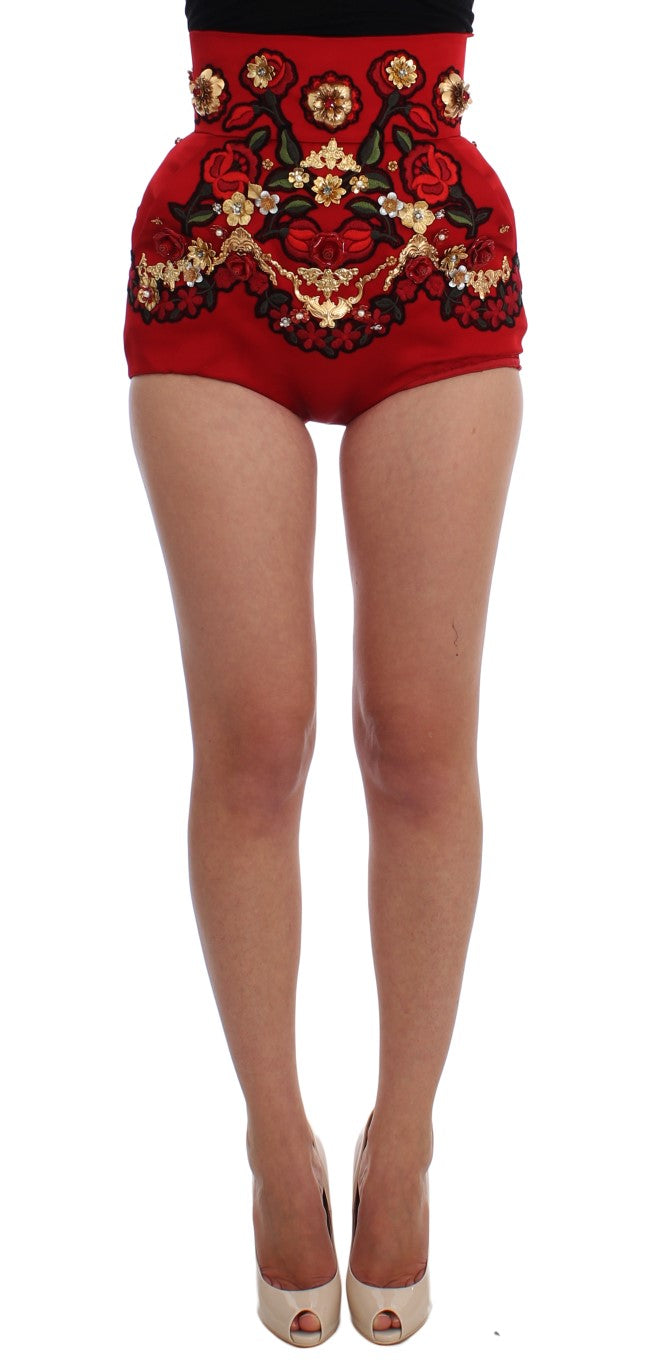 Dolce &amp; Gabbana Red Silk Crystal Rose Shorts 