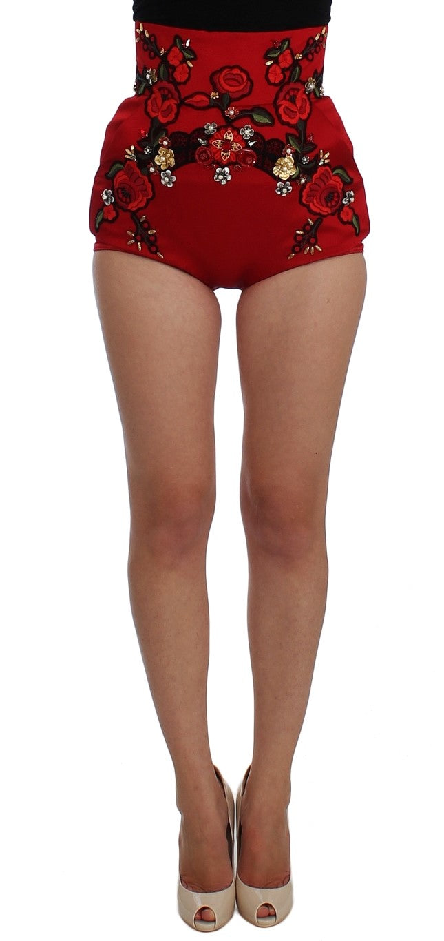 Dolce & Gabbana Rote Seidenkristallrosen Shorts