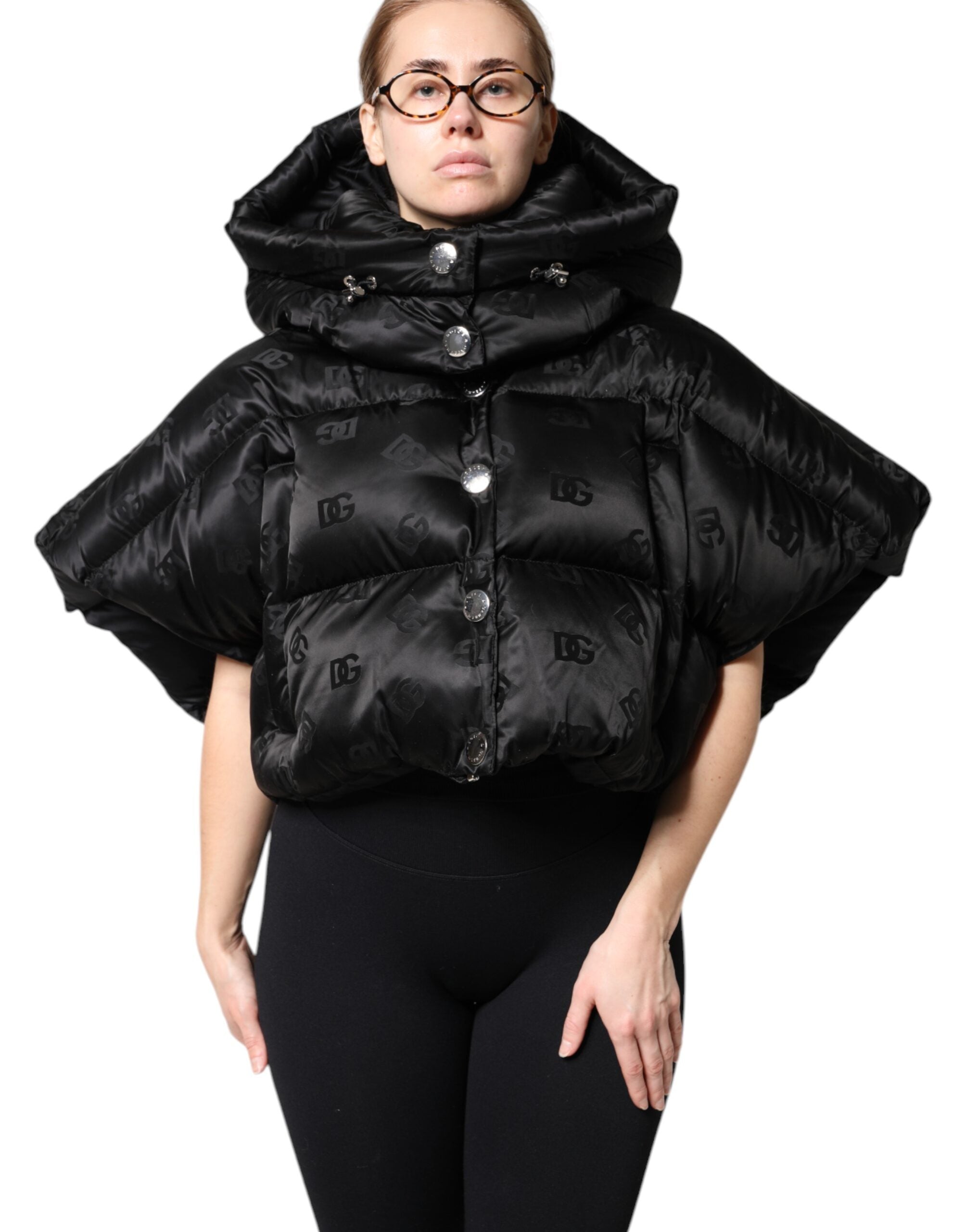 Dolce &amp; Gabbana Siyah dolgulu kapüşonlu ceket, tam fermuarlı ve kısa ceket