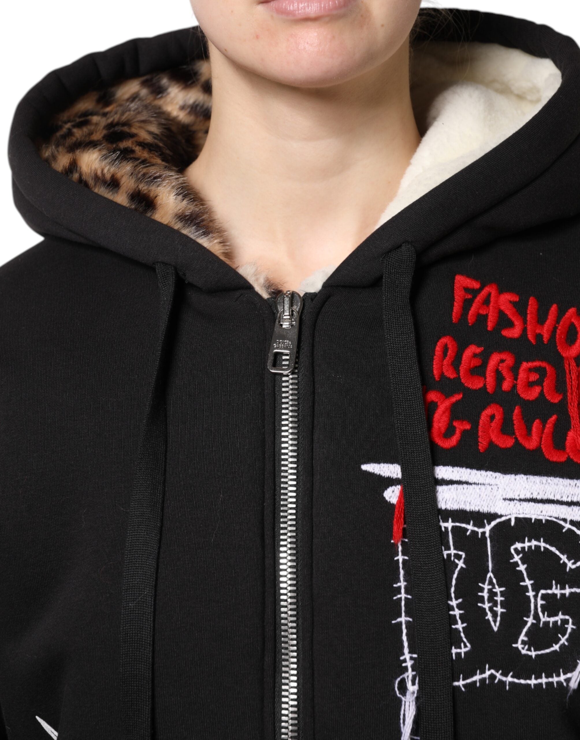 Dolce &amp; Gabbana Siyah işlemeli kapüşonlu fermuarlı ceket