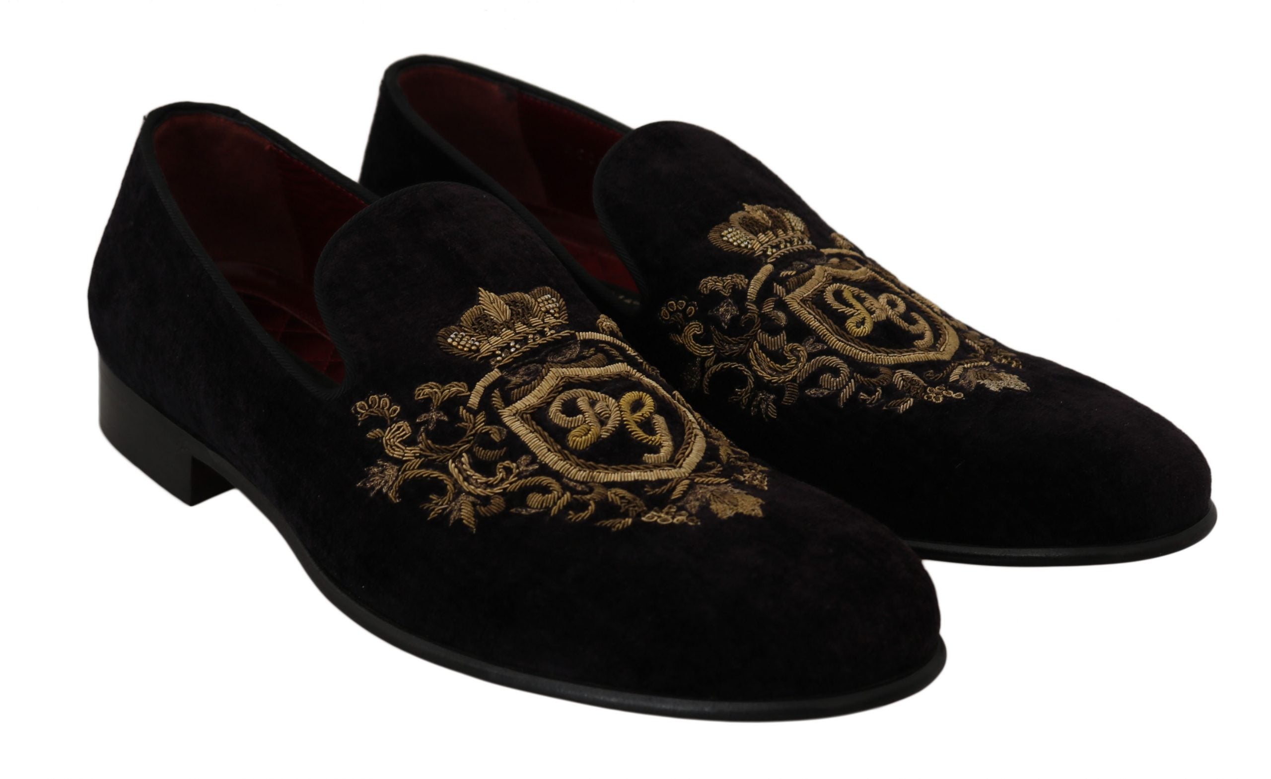 Dolce &amp; Gabbana Loafers Black Velvet Gold Crown