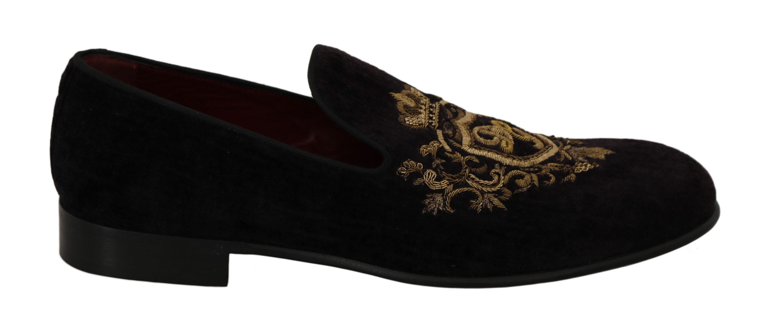 Dolce &amp; Gabbana Loafers Black Velvet Gold Crown