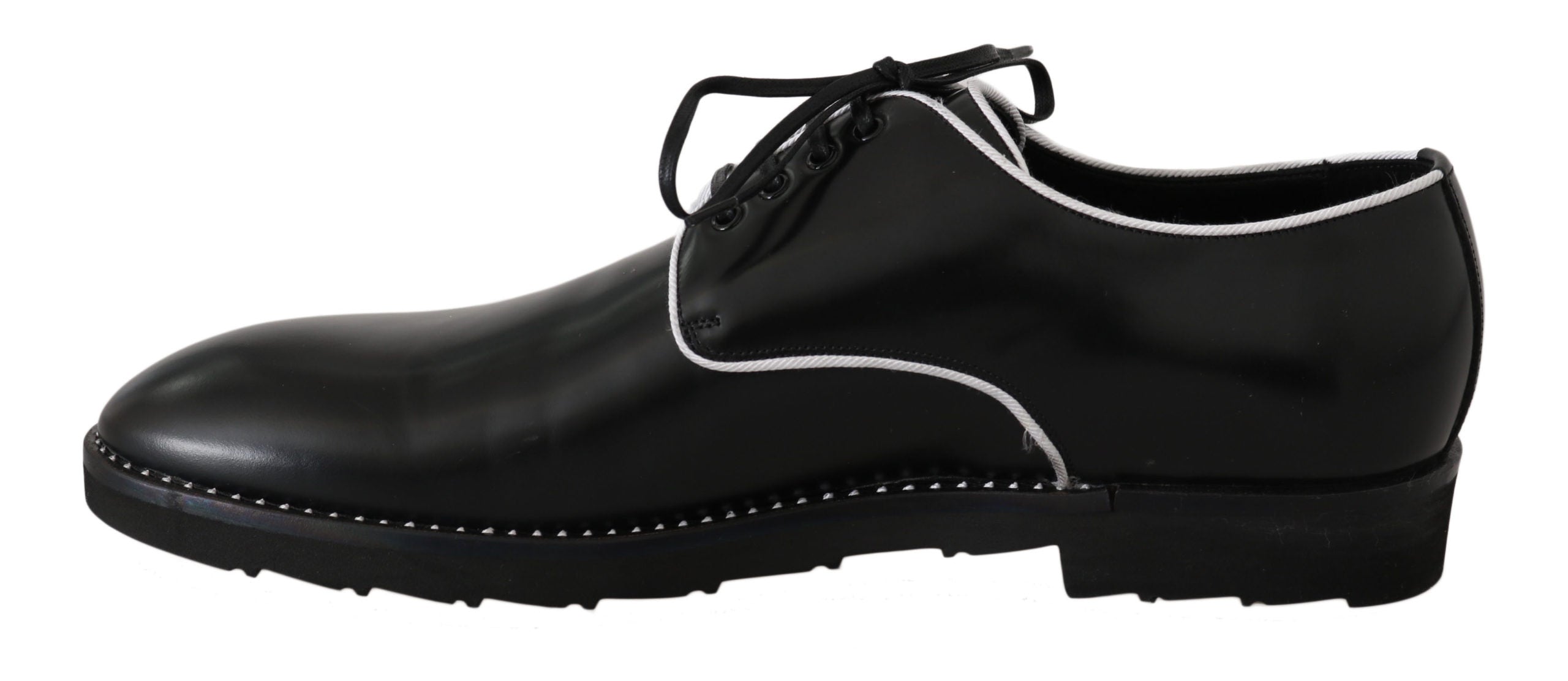 Dolce & Gabbana Schwarzes Leder Weiße Linie Kleid Derby Schuhe