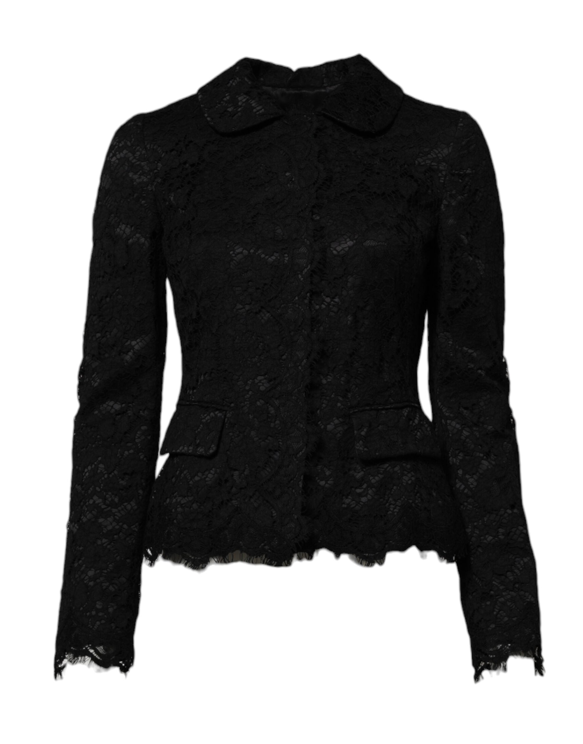 Dolce & Gabbana Schwarze Jacke mit geblümter Spitze aus Baumwolle mit Kragen