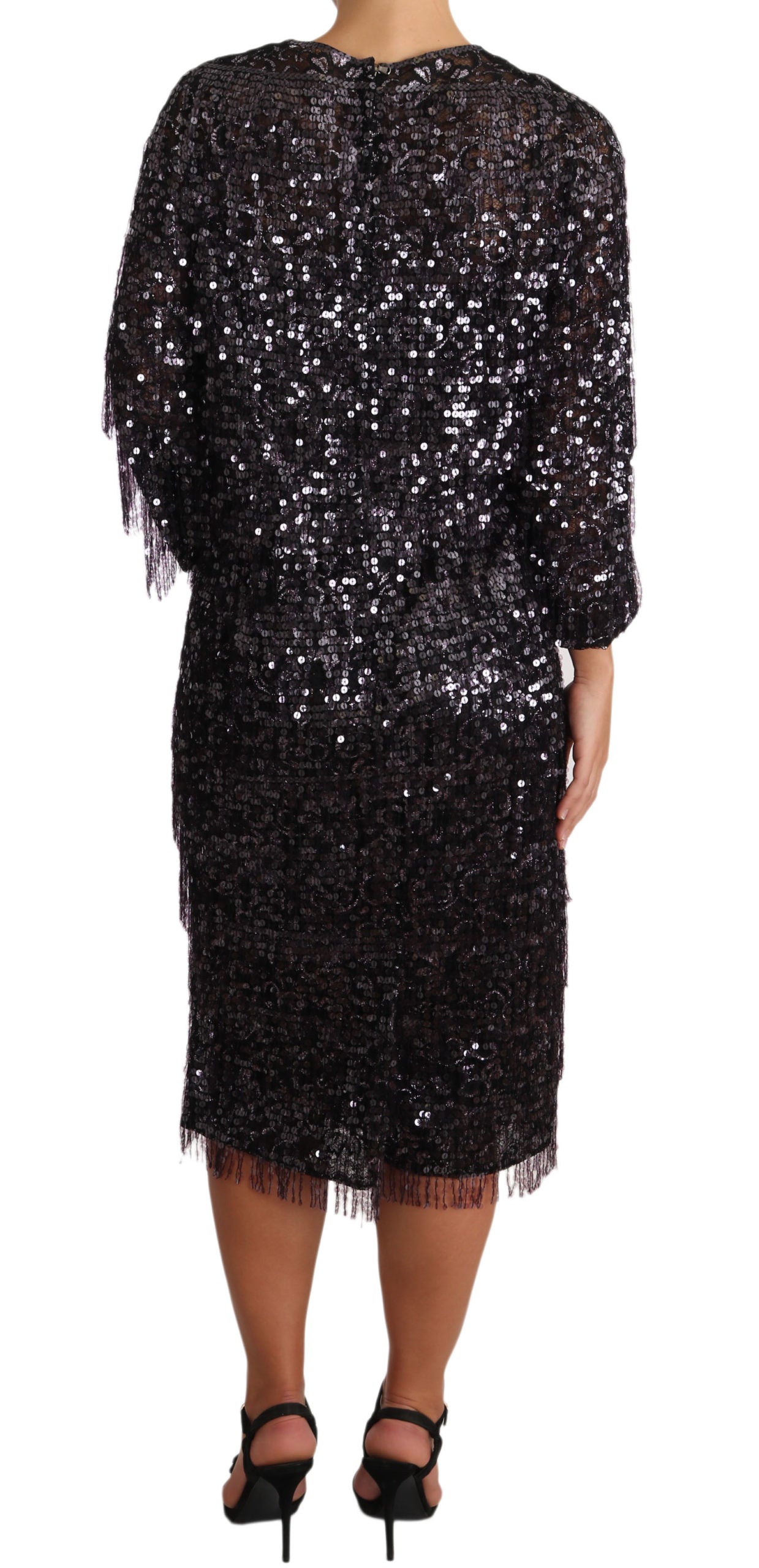 Dolce &amp; Gabbana Black Long Sleeve Sequin Shift Midi Dress