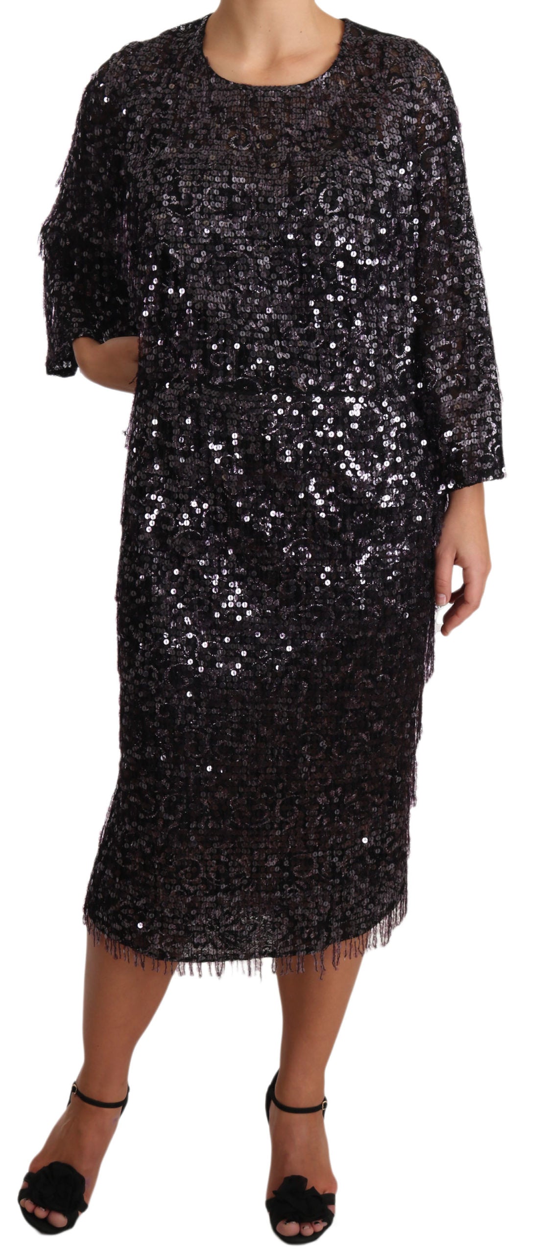 Dolce &amp; Gabbana Black Long Sleeve Sequin Shift Midi Dress