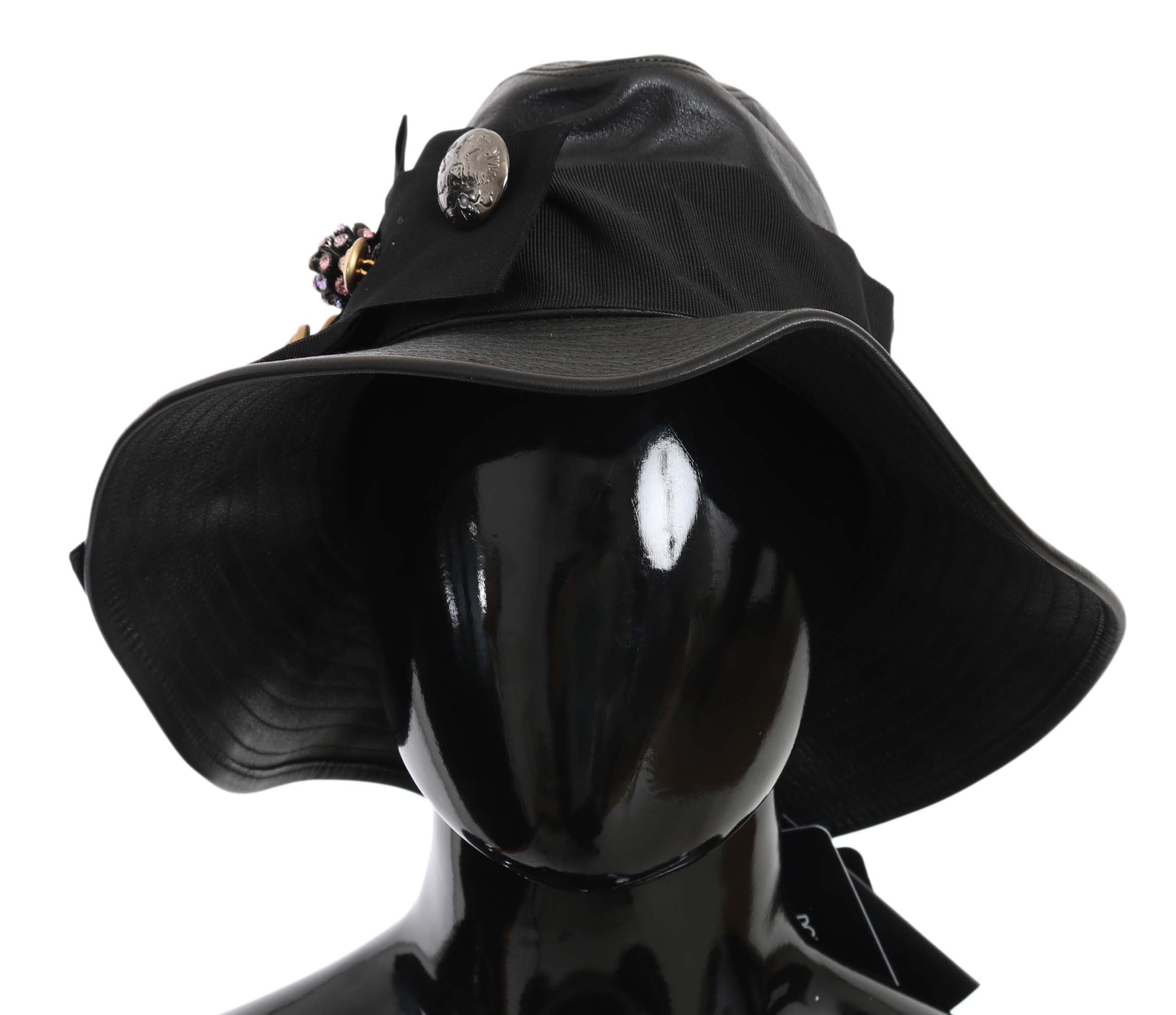 Dolce &amp; Gabbana Black Leather DG Coin Crystal Wide Brim Hat