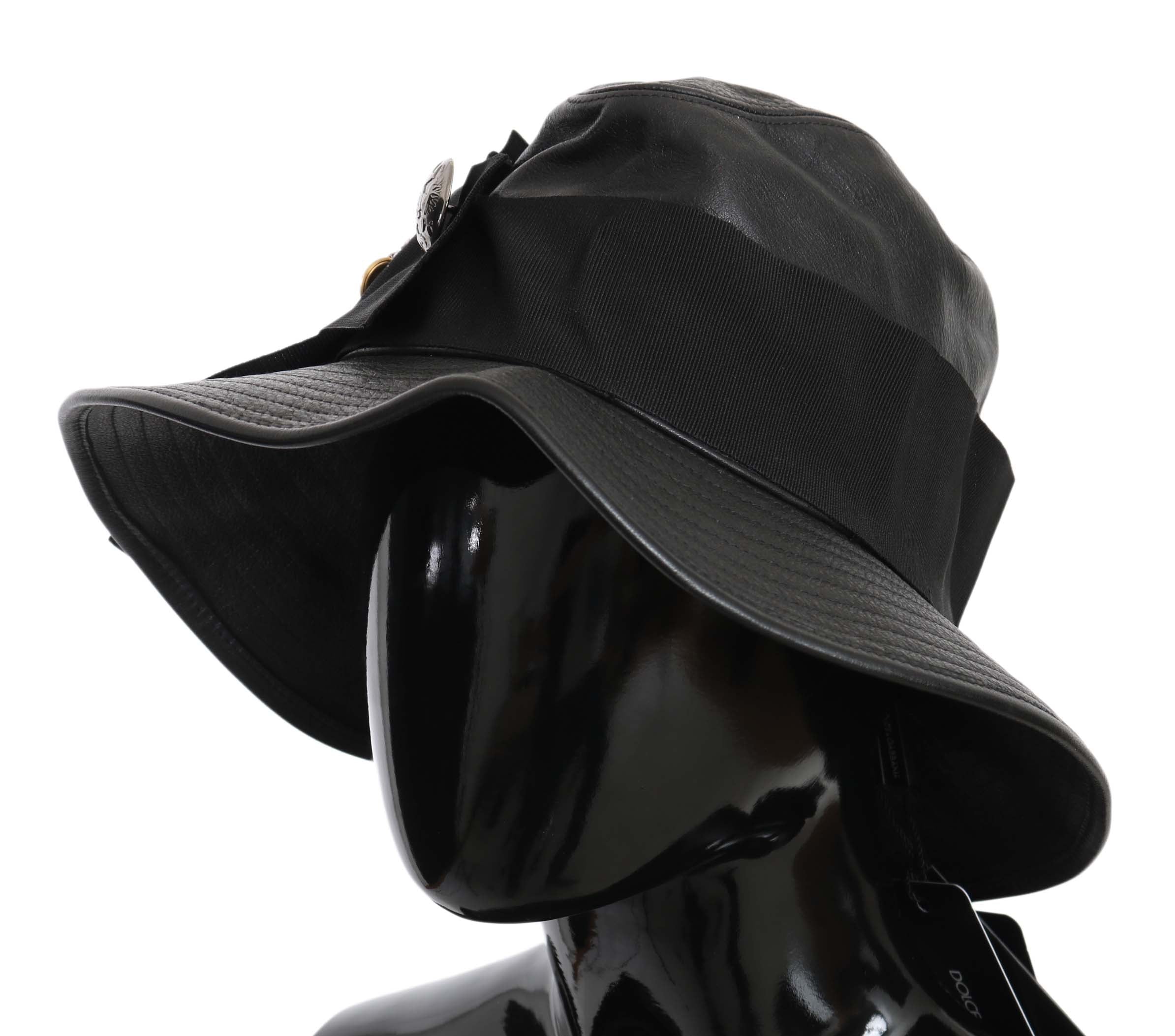 Dolce &amp; Gabbana Black Leather DG Coin Crystal Wide Brim Hat