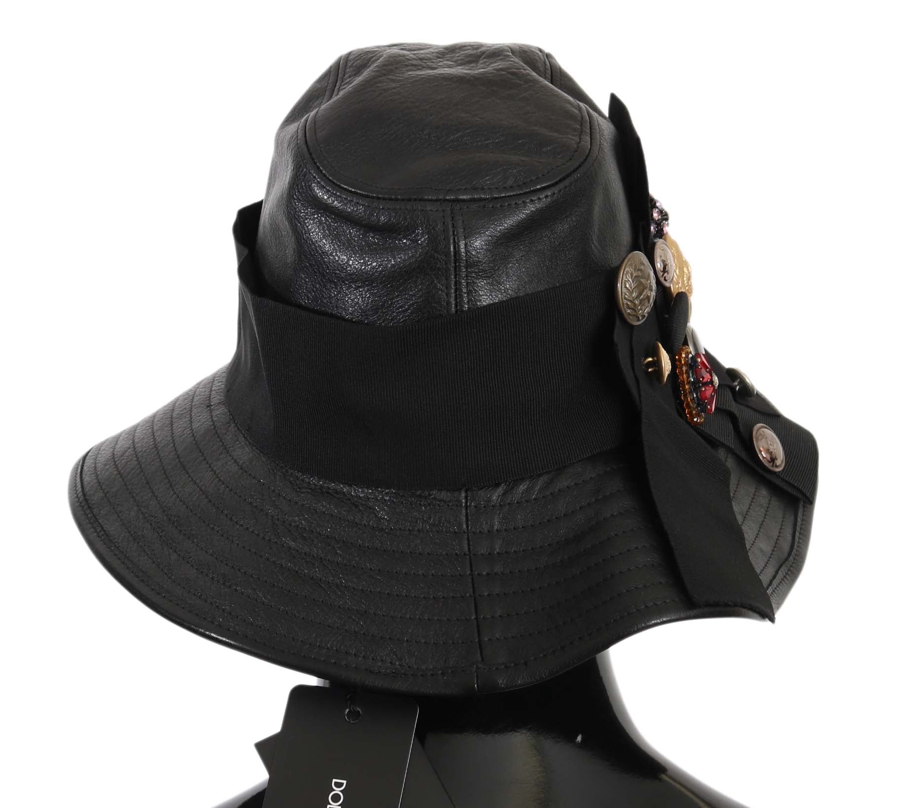 Dolce &amp; Gabbana Black Leather DG Coin Crystal Wide Brim Hat