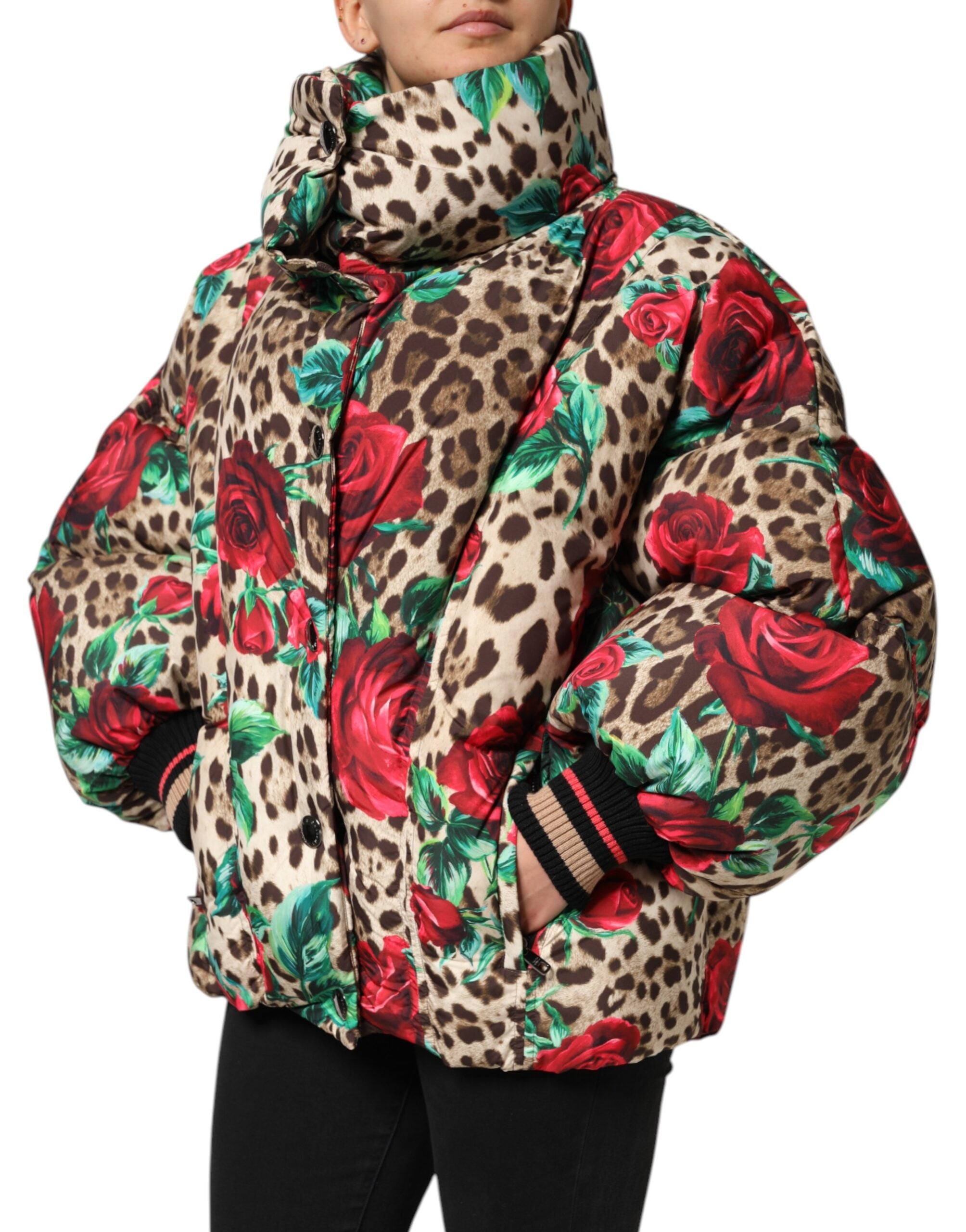 Dolce & Gabbana Multicolor Leopard Rose Puffer Steppjacke