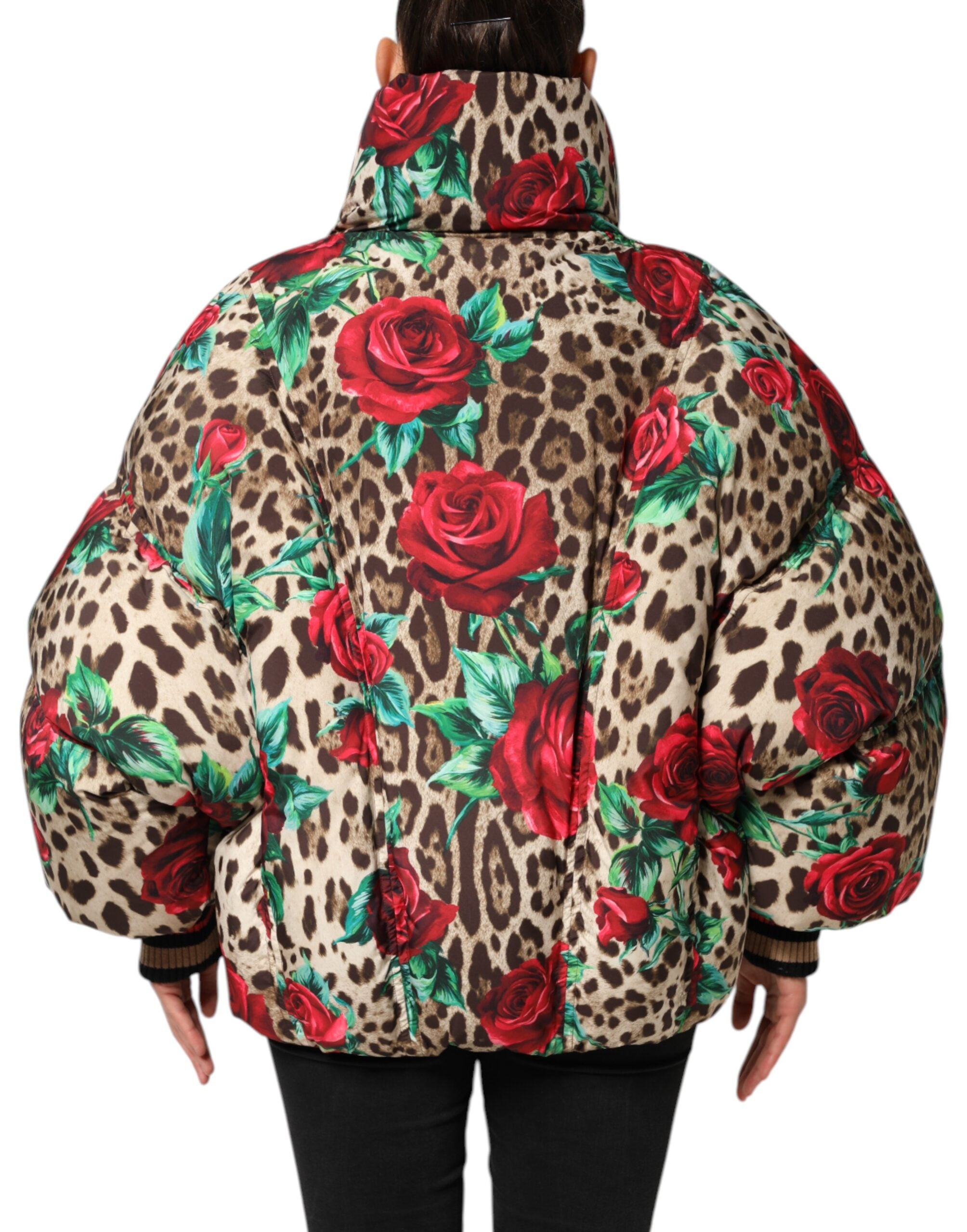 Dolce & Gabbana Multicolor Leopard Rose Puffer Steppjacke