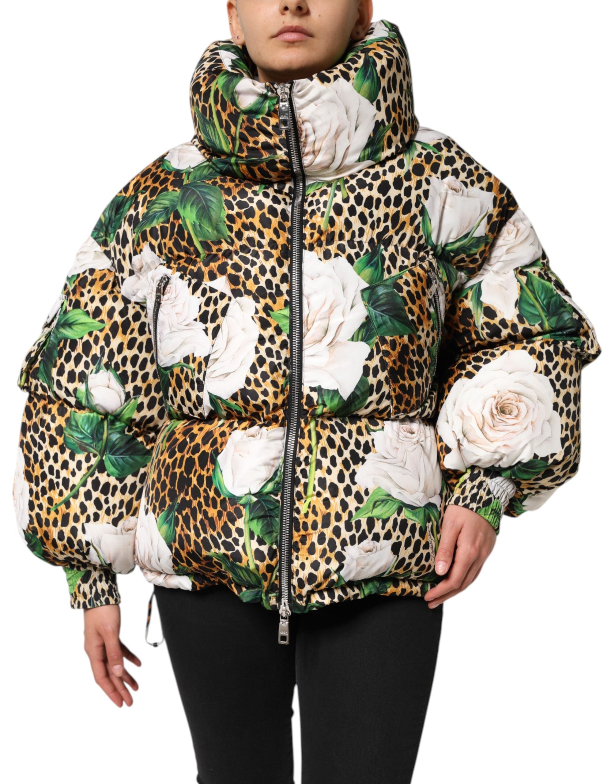 Dolce & Gabbana Multicolor Leopard Rose Puffer Steppjacke